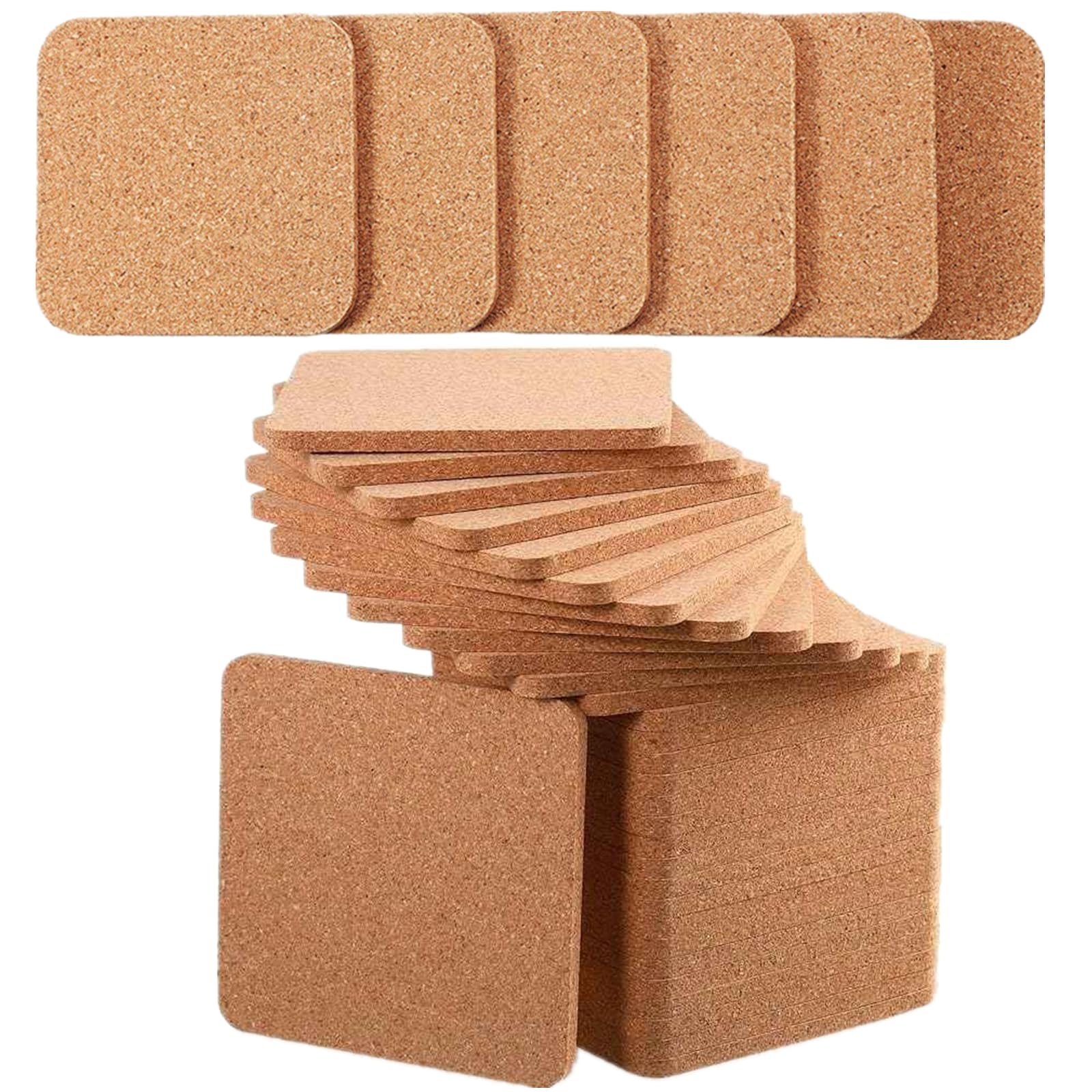 50 Pack Cork Coasters for Drink, 4 Inch Square Absorbent Edge Coaster, 1/5" Thick Engraved Plain Blank Coasters in Office, Home, Cottage
