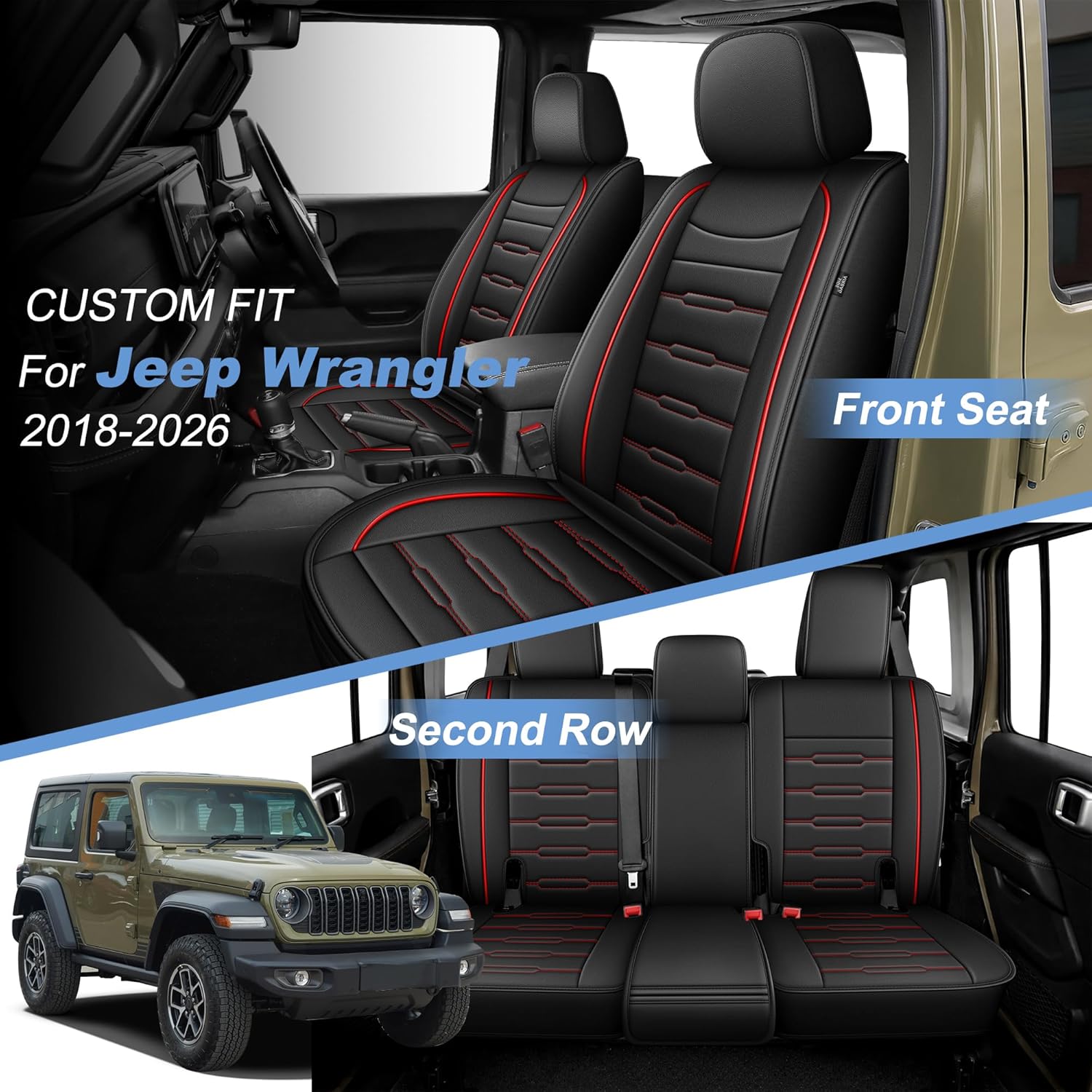 AOMSAZTO Car Seat Covers Custom Fit for Jeep Wrangler JL 4-Door 2018 2019 2020 2021 2022 2023 2024 2025 2026,Faux Leather Seat Protectors for Truck Pickup（5 Seats,Black）