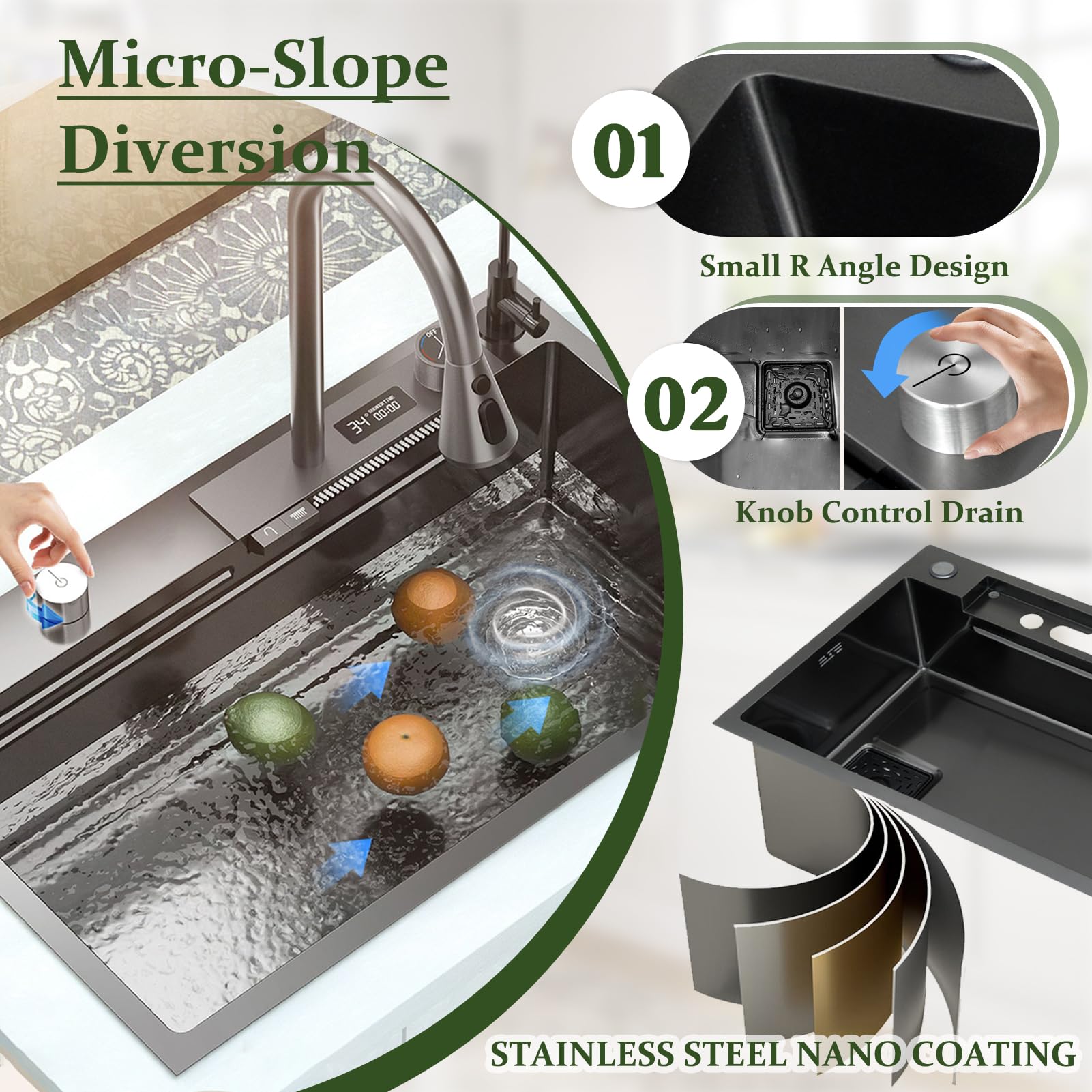Lavello da Cucina, 1 Vasca, Nero da Incasso, 75 x 45 cm, Acciaio Inox, Grande, da Lavoro, indicatore della Temperatura dell'Acqua, con Set Rubinetto Estraibile