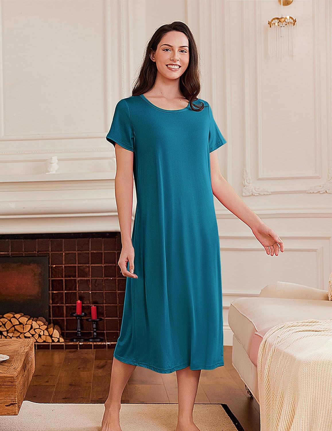 Ekouaer 3 Pack Long Nightgowns for Women Full Length Short Sleeve Nightshirt Soft Plus Size Sleepwear Casual Loungwear - Image 5