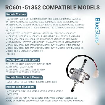 BlueStars RC601-51352 12V Fuel Pump - Fits Kubota M108 BX2350 Tractors