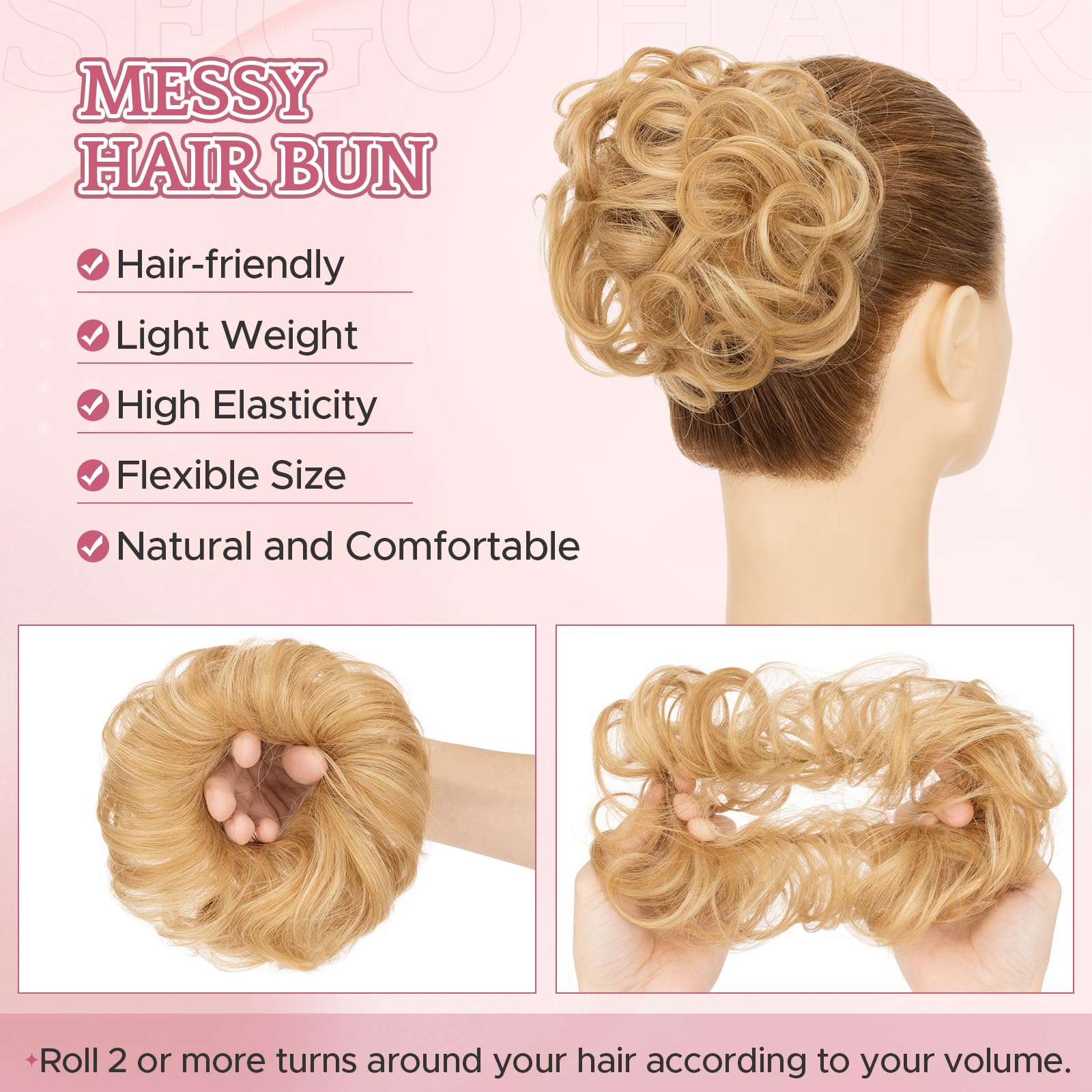 SEGOHAIR 17G Messy Bun Scrunchies Human Hair Curly Wavy Donut Hairpiece for Women Girls Light Blonde Mixed Bleach Blonde Hair Bun Maker Elastic Real Remy Donuts Updo Chignon - Image 3