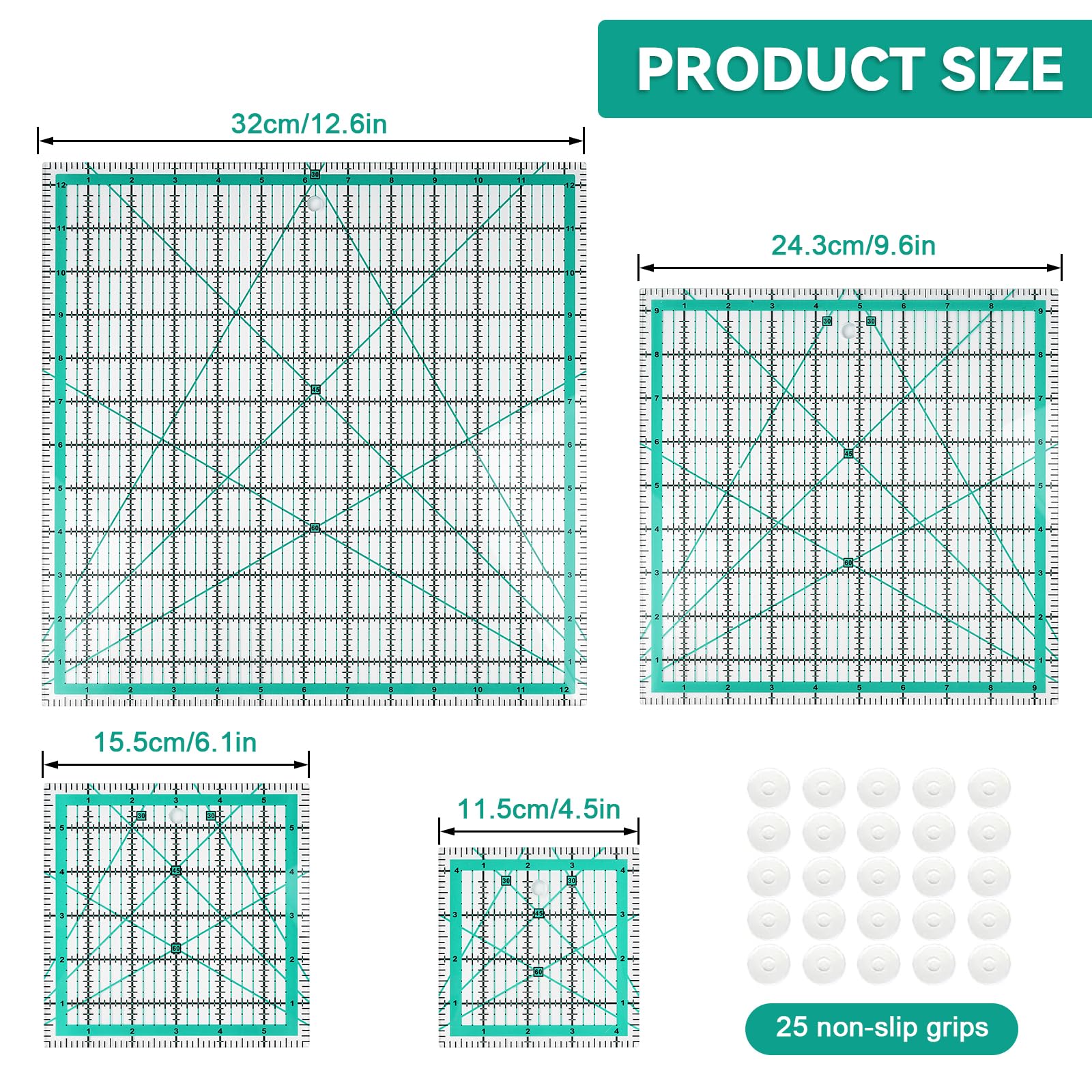 Set di 4 righelli quadrati per trapuntatura, modelli da cucito con 25 anelli antiscivolo, resistenti tagliati al laser per trapuntatura, scrapbooking e progetti artigianali (verde) (Rosa)