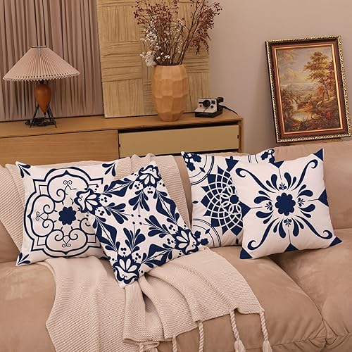 Miniatura 5 de GUHOO Juego de 4 fundas de almohada decorativas para sofá de doble cara con patrón abstracto para exteriores, cuadradas, de lino, modernas, para