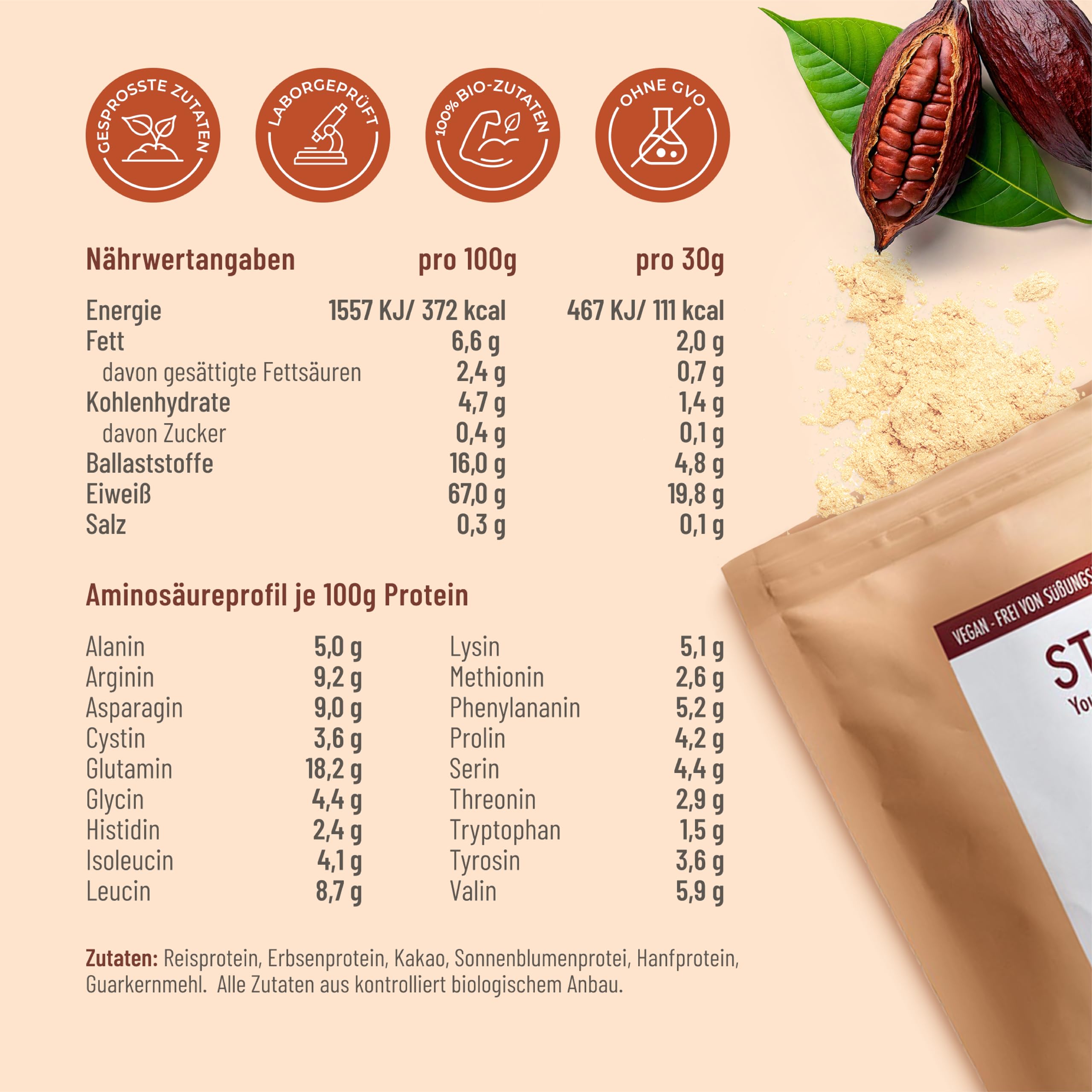 STRIVE CACAO PROTEIN | Vegan | 100% BIO | 1000g Natur Eiweiß mit zertifiziertem Bio Kakao | Ohne Süßungsmittel & Aromen | Ohne Soja & Gluten | Mehrkomponenten 4K | Made in Germany DE-ÖKO-039