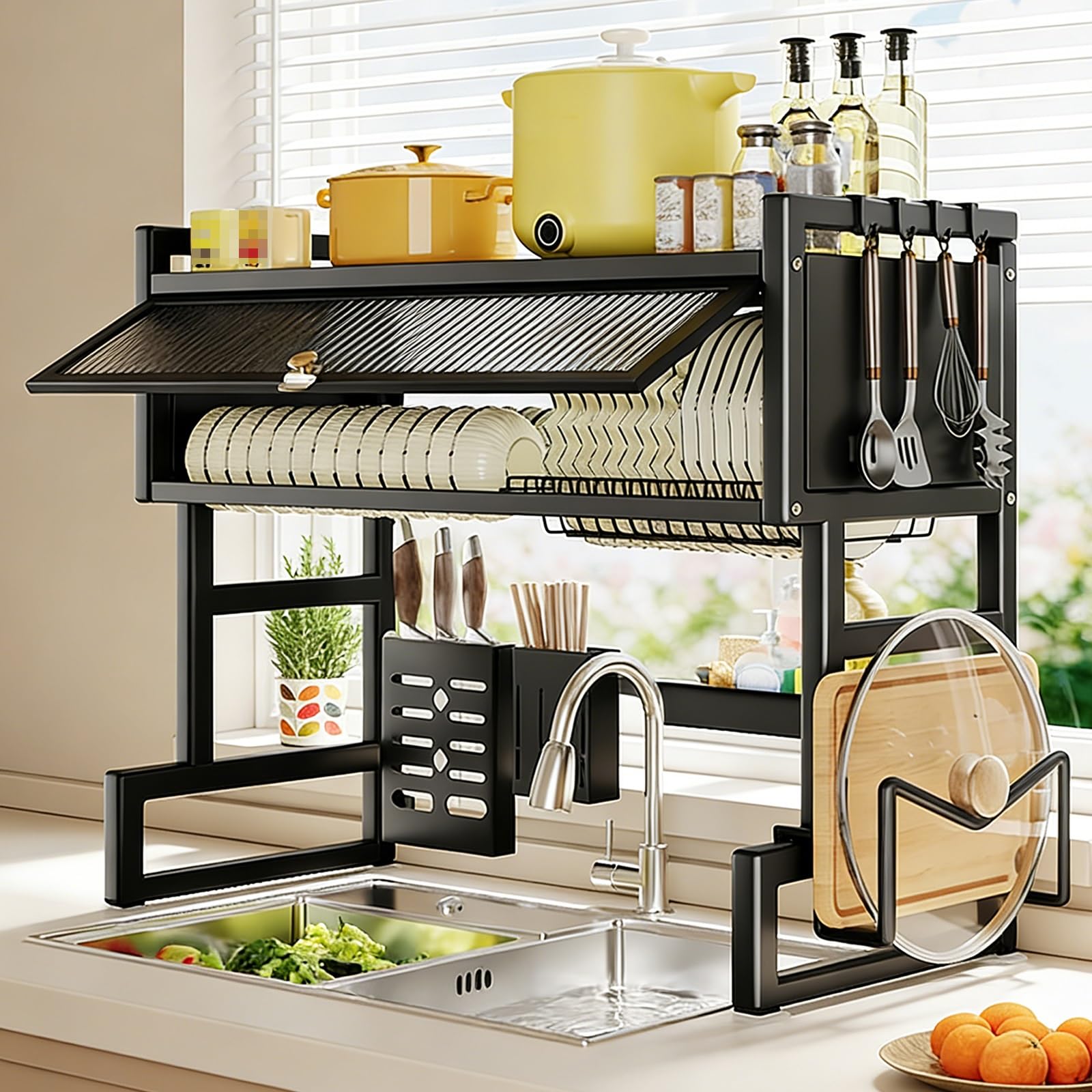 THNSAWX Over Sink Dish Drying Rack, Carbon Steel Dish Rack with Dustproof Cover, Space-Saving Dishes Drainer Rack, Kitchen Organizer for Plates, Bowls, Pots(Black 1 Tier,85cm/33.4in)