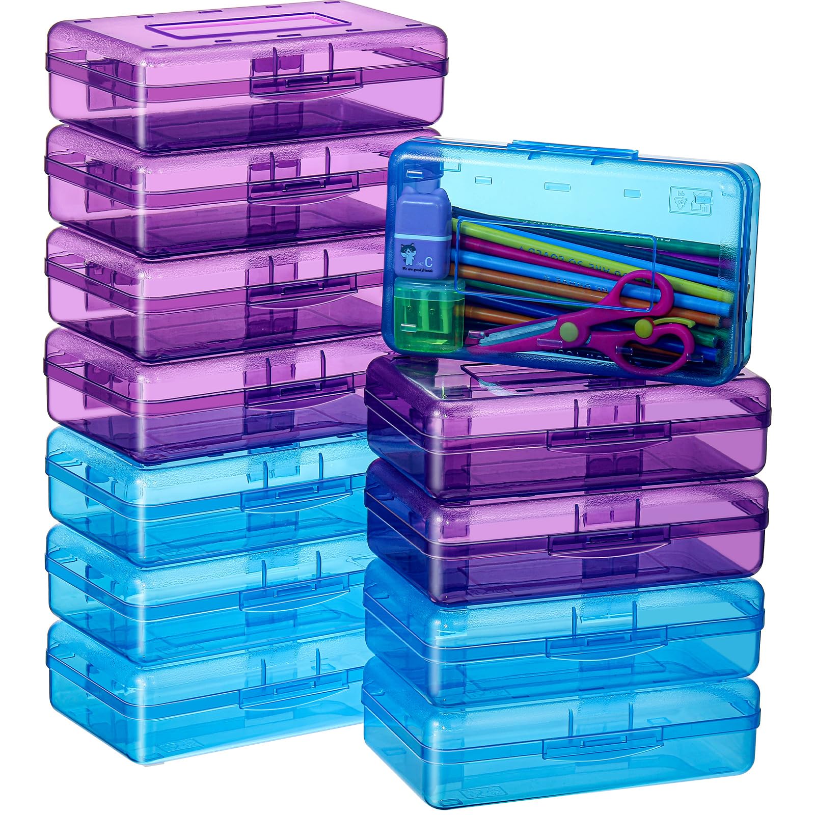 Patelai 12 Pcs Plastic Pencil Box Clear Pencil Case with Lid Bulk Snap Closure Hard Large Capacity Pencil Box Pen Pencil Holder School Storage Organizer Box for Kid Adult Student (Violet, Blue)