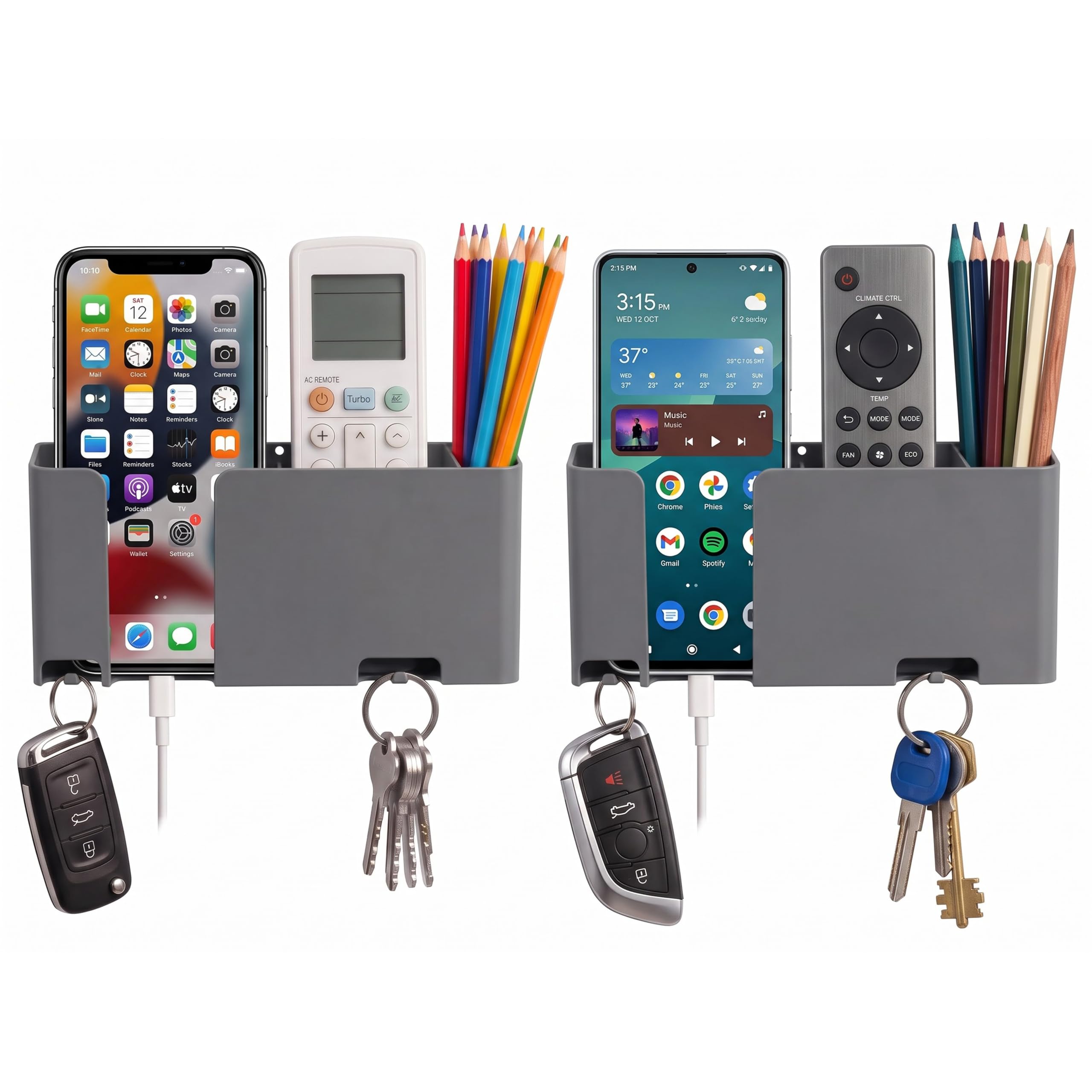 Mobile Wall Holder with 3 Compartments (Grey, Pack of 2)