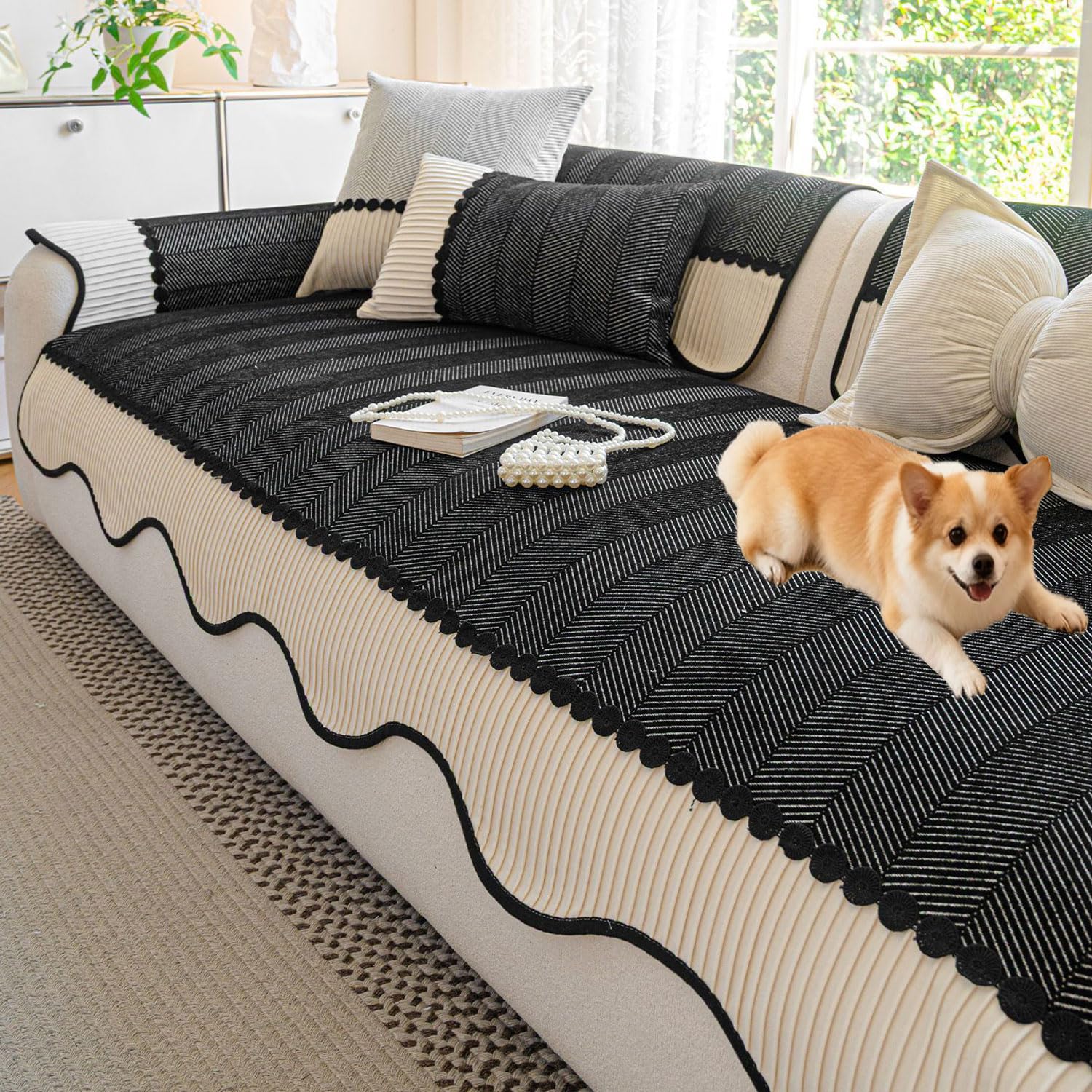 Housse de canapé en chenille antidérapante noire lavable 110x260