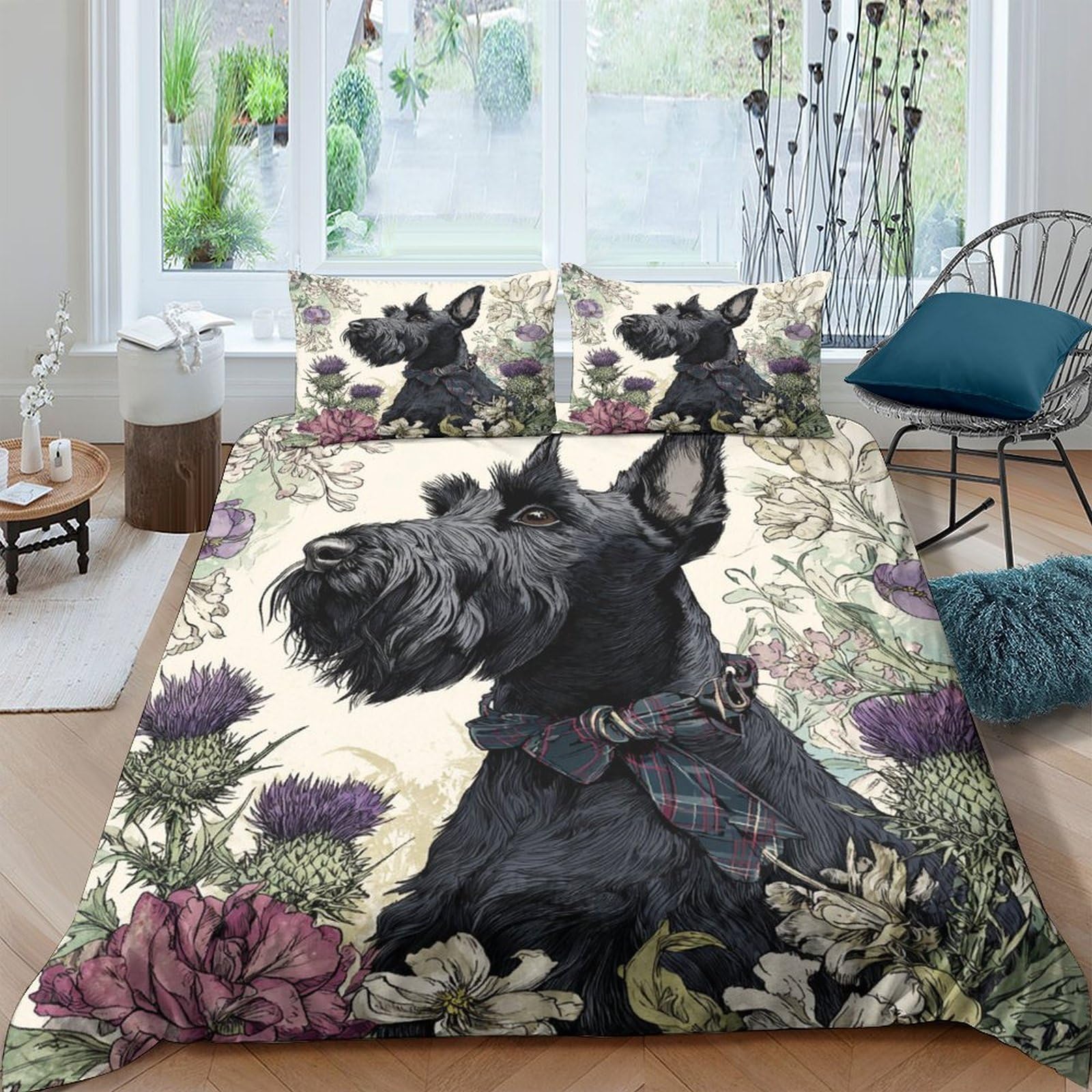 GPLZQXKJNH 3D Printed Scottish Terrier Dog Duvet Cover Microfiber Soft Floral Bedding Set with 2 Pillowcases for Bedroom Decor Single（135x200cm）