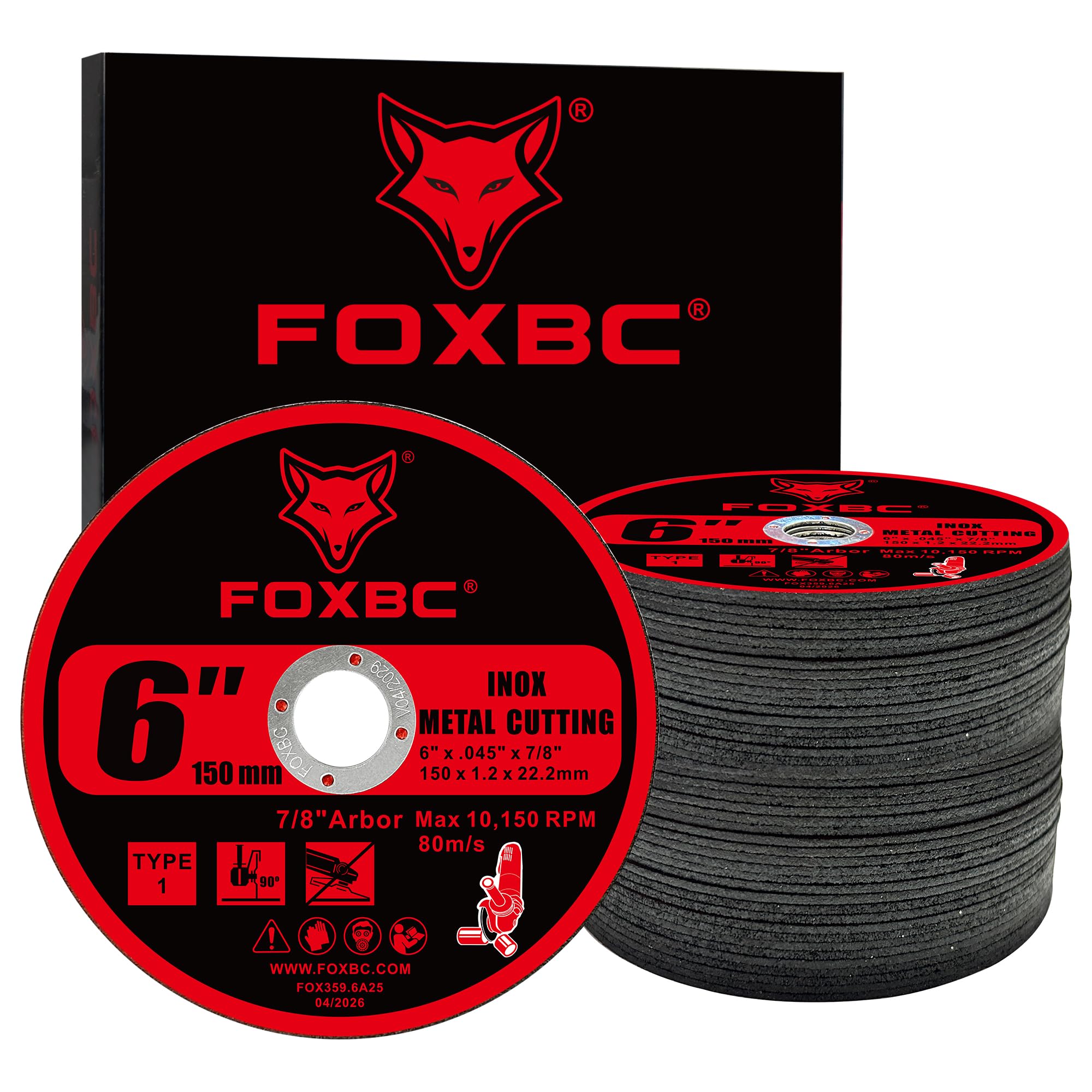 FOXBC Ruota da taglio da 15,2 cm per metallo e acciaio inossidabile | Disco di taglio dell'ossido di alluminio per le smerigliatrici angolari, 6" x .45" x 0.86" tipo 1