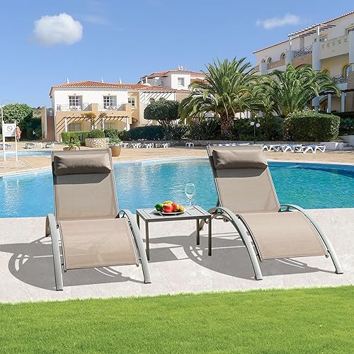 Domi Outdoor Chaise Lounge Set of 3 Patio Recliner Chairs with Adjustable Backrest and Removable Pillow for Indoor&Outdoor Beach Pool Sunbathing Lawn Khaki