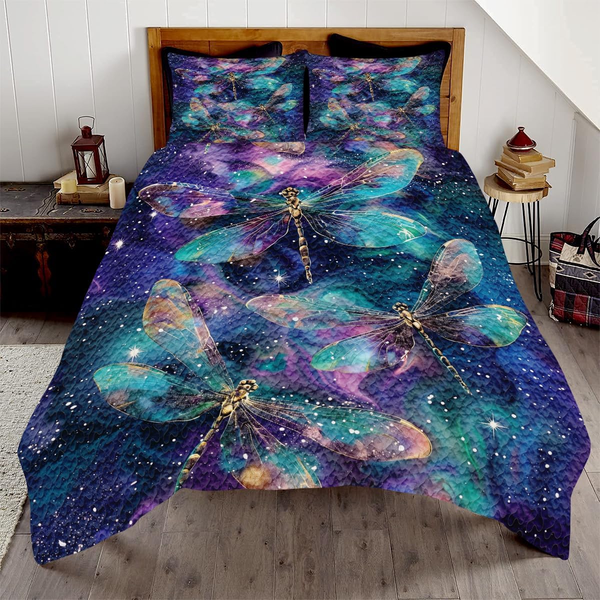 Patchwork Dragonfly Quilt Bedding Set, Dragonflies Throw Queen Twin Full Sizes, Patchwork Quilt for Girl Bedroom Decor, Soft Lightweight Comforter (Purple Flower Garden Patchwork Dragonfly)