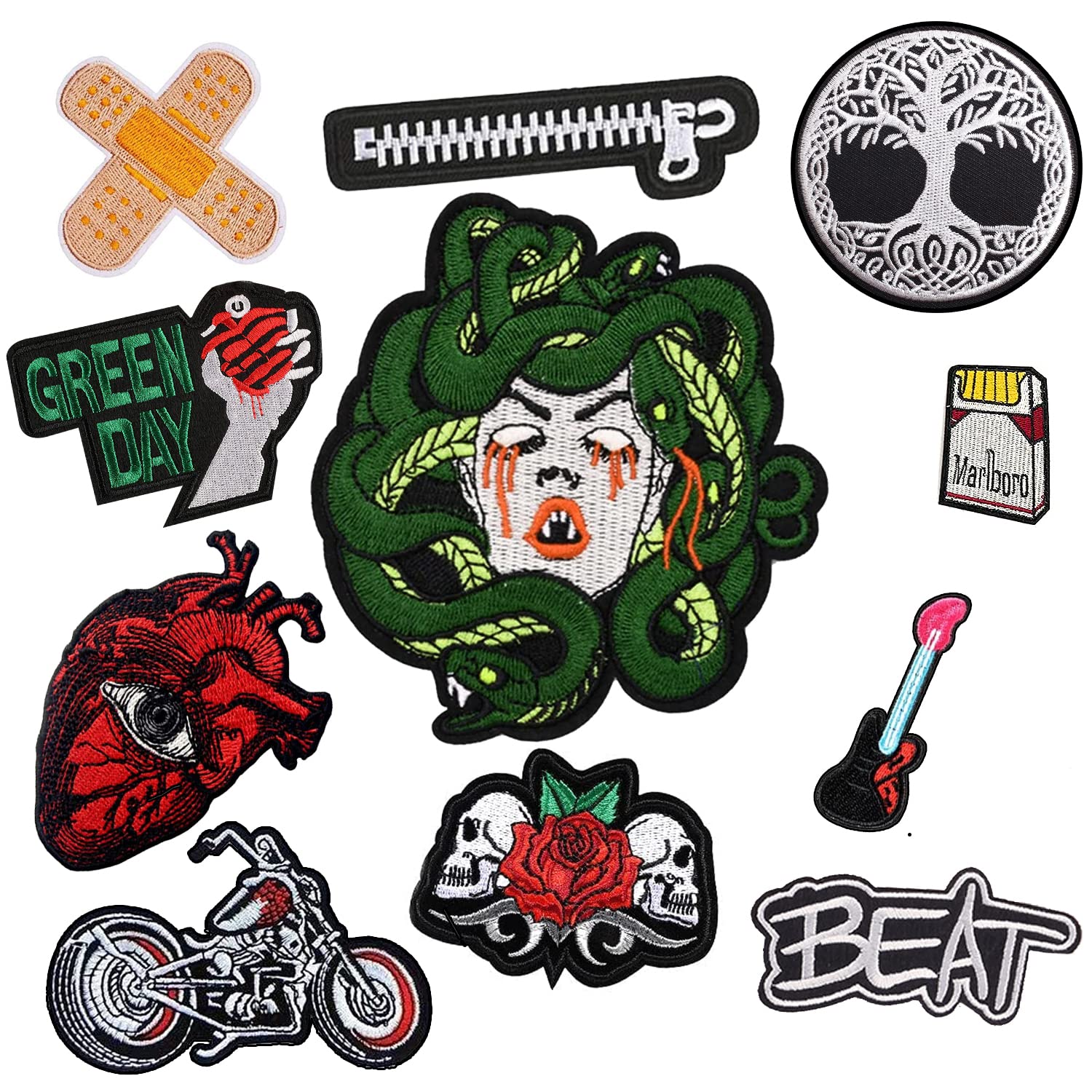 CMD 12 Pcs Punk Patches, Edgy Patches Iron On Patches for Clothing, Trendy Hippie Embroidery Patches for Clothing, Jacket, Backpacks(Colorful-12m)