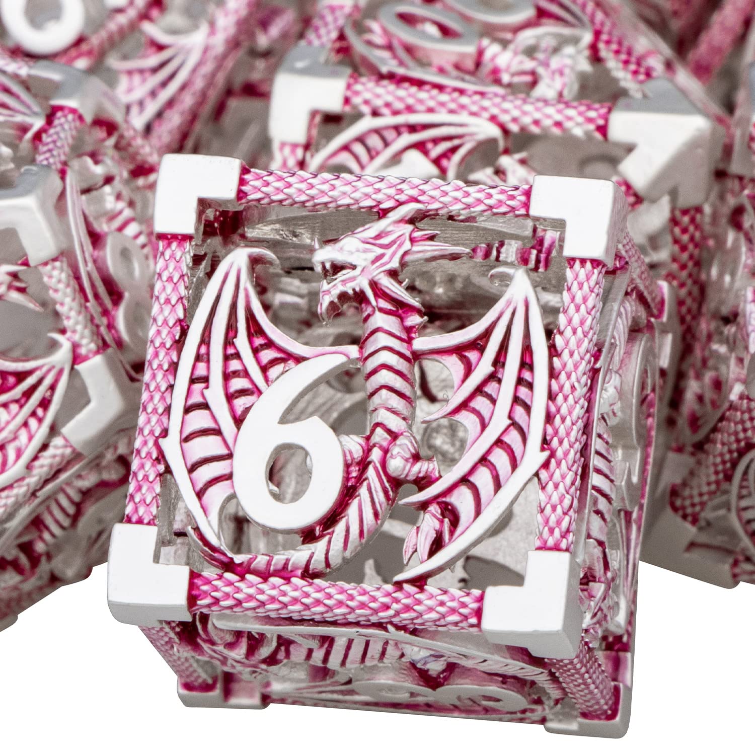 ARUOHHA Hollow DND Dice Set 7PCS Silver Pink Metal Dragons Dice with Gift Box, D and D Dice RPG Role Playing Games Dungeons Polyhedral Dice Set D20 D12 D10 D8 D6 D4