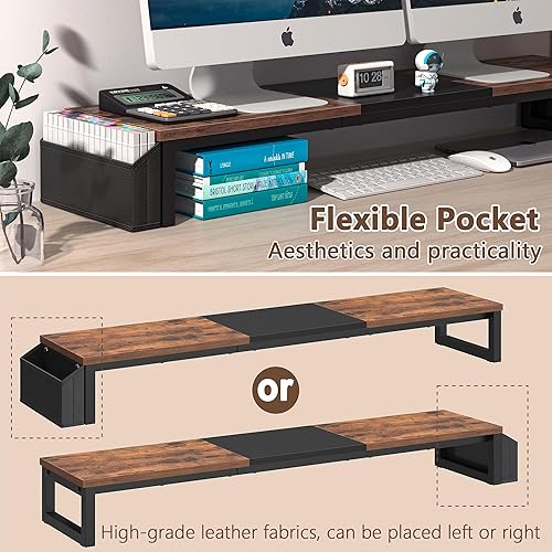 Miniatura 4 de LANDVOI Soporte para monitor doble, soporte de monitor de 41.5 pulgadas de largo para 2 monitores, elevador de computadora de madera con bolsillo,