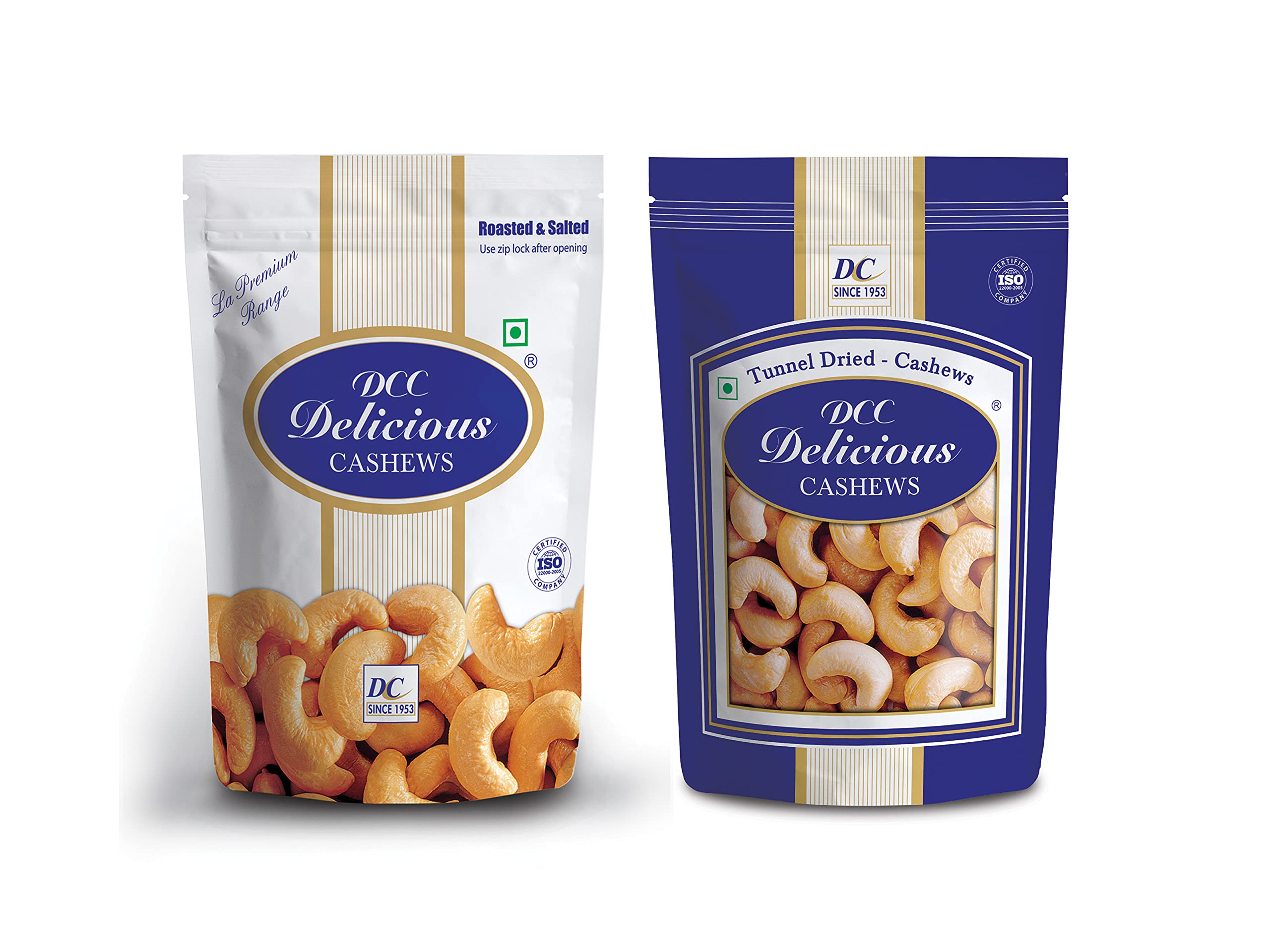 DCC DELICIOUS Combo of 200G Roasted & Salted Cashews & 200G Tunnel Dried Plain Cashew Nuts | Premium W240 Grade | Export Quality | Whole Jumbo Size | Total 400 Grams