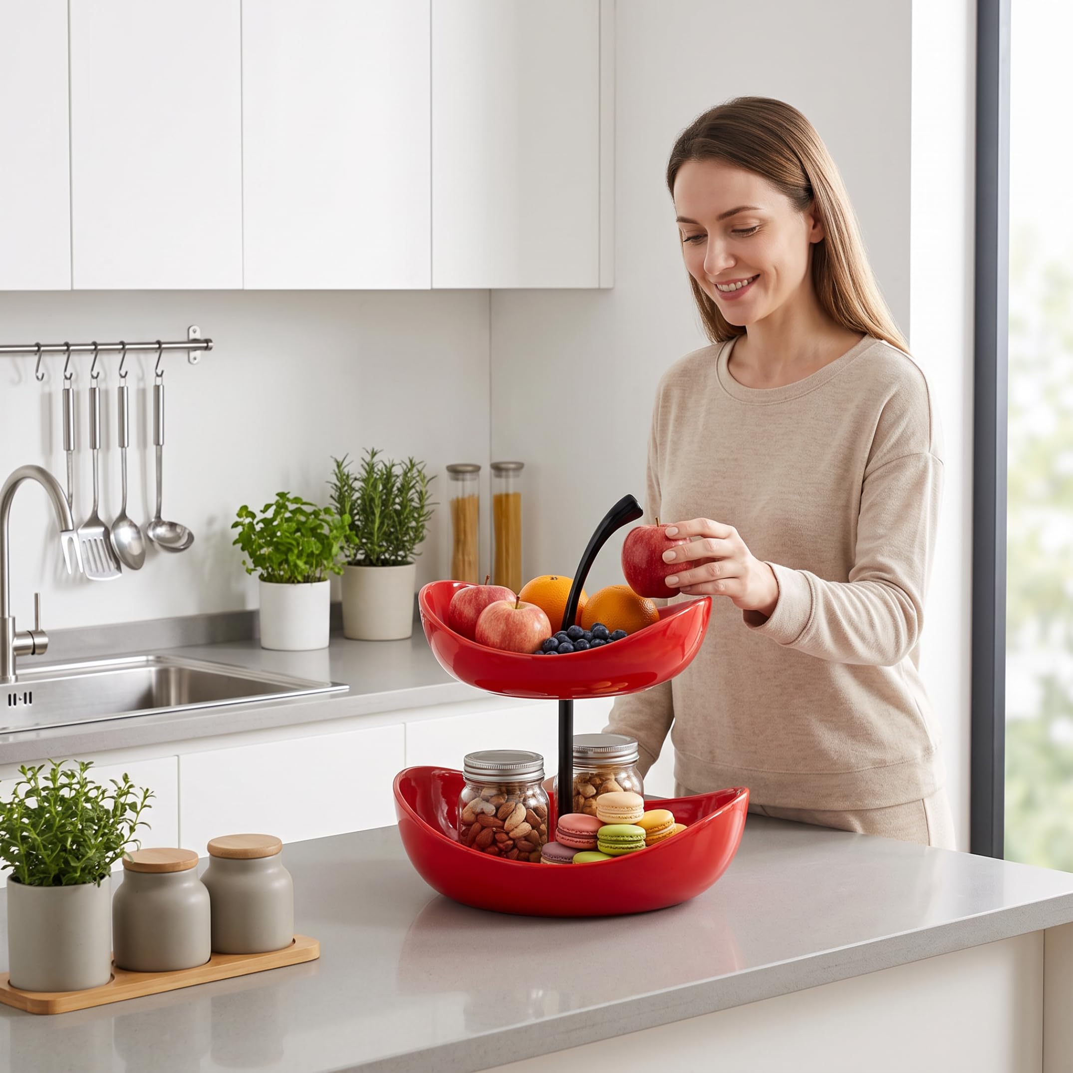 Alzata per frutta Cestino per frutta in ceramica a 2 livelli con manico in ceramica, rosso