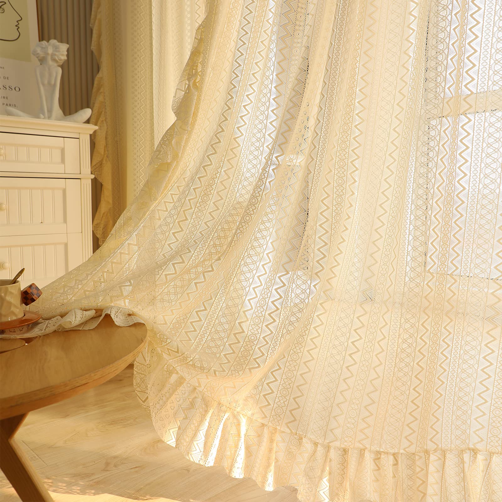 SLIFEOW Boho Sheer Curtains 63 Inch Length with Lace Tassels, Boho Curtains Living Room Bedroom, Beige W59*L63 2 Panels Set Room Decor, Rustic Farmhouse Bohemian Macrame Curtains for Windows W59*L63, 2 Panels Crochet Beige Style 2