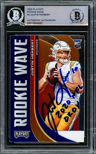 Justin Herbert Autographed 2020 Panini Playoff Rookie Wave Rookie Card #RW-4 Los Angeles Chargers "2020 NFL OROY" Beckett BAS #15866689 - Football