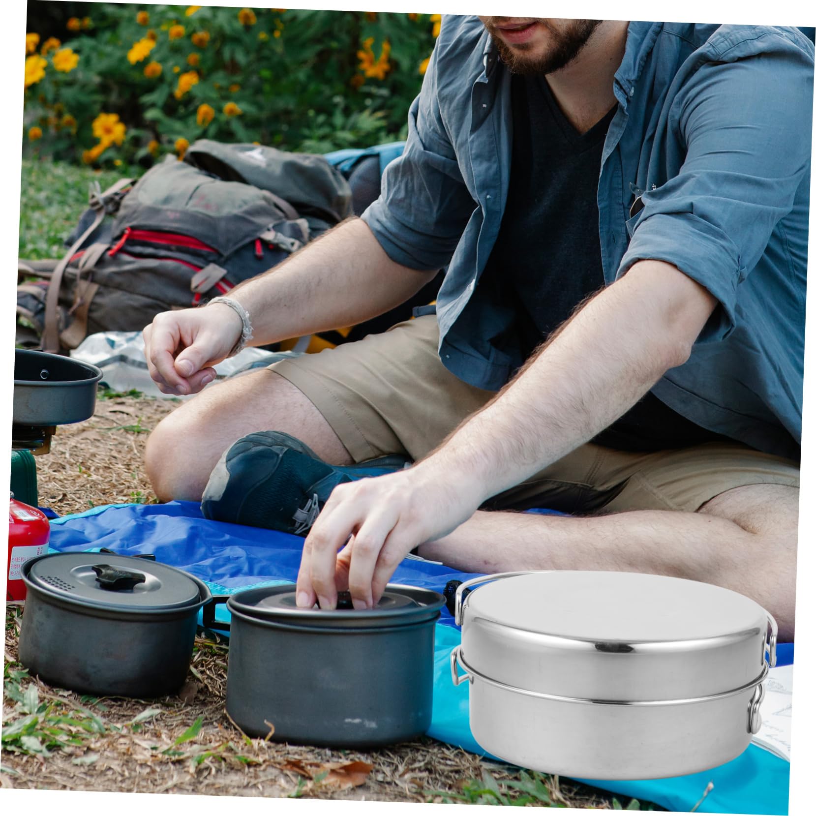 Mipcase 4-Piece Stainless Steel Camping Cookware Set Compact and Lightweight for Hiking Backpacking and Outdoor Activities