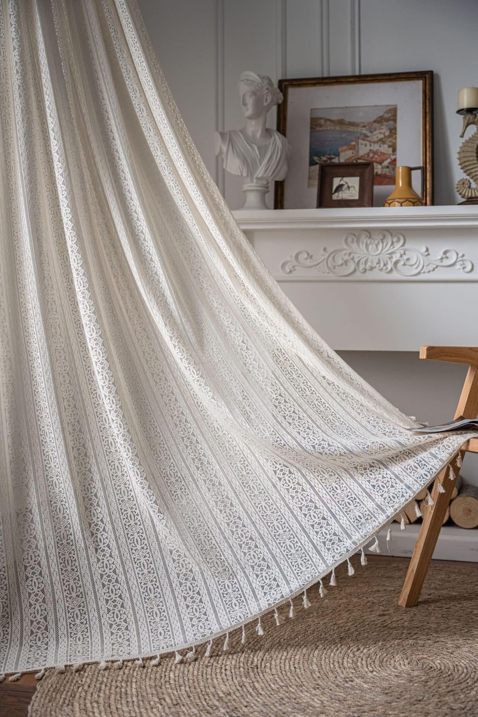 Zasłony Voille 2 panele 2 x 150 szer. x wys. 160 cm, przezroczysta zasłona do sypialni, beżowe, puste kwiaty i frędzle, kieszeń na karnisz