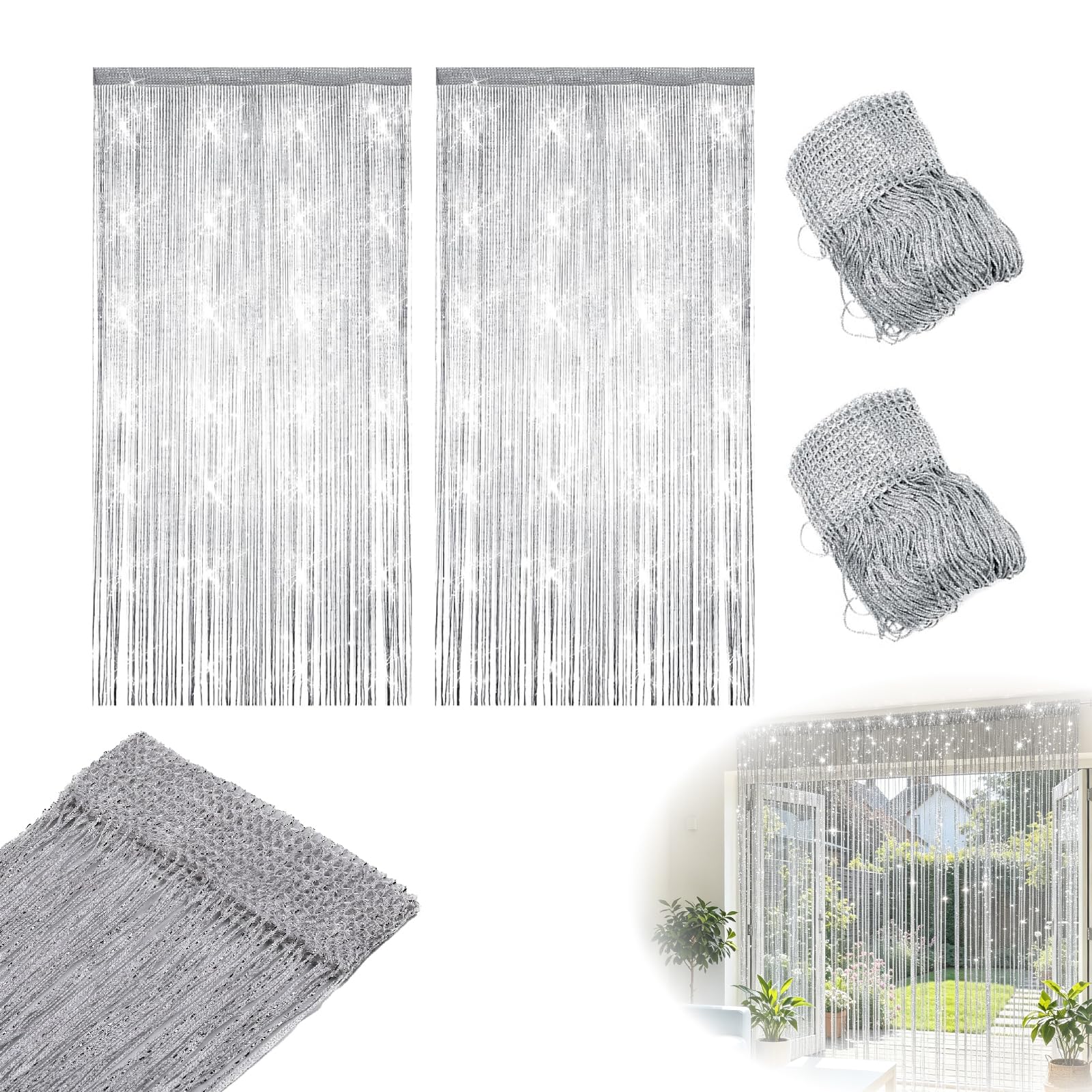 Crafthaven 2 Pack String Door Curtains, 100 x 200cm String Curtain Panel Glitter String Doorways Divider Door Screens for Living Room Bedroom Party Decorations (4, Silver)