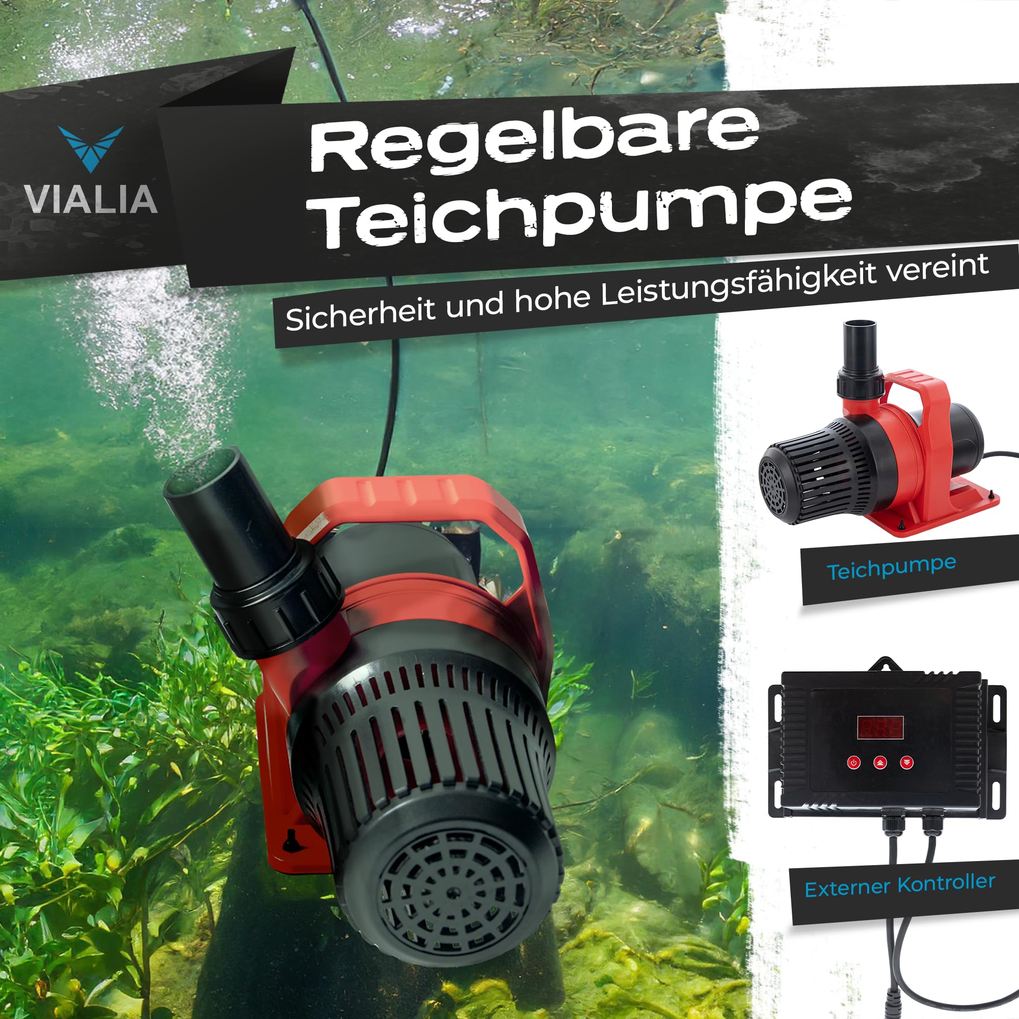 Teichpumpe Varia Red PL-30000 | 30.000 l/h Filterpumpe regelbar | 115-335W | 9,5m Förderhöhe | Mit externem Controller & Trockenlaufschutz | Bachlaufpumpe für Gartenteich