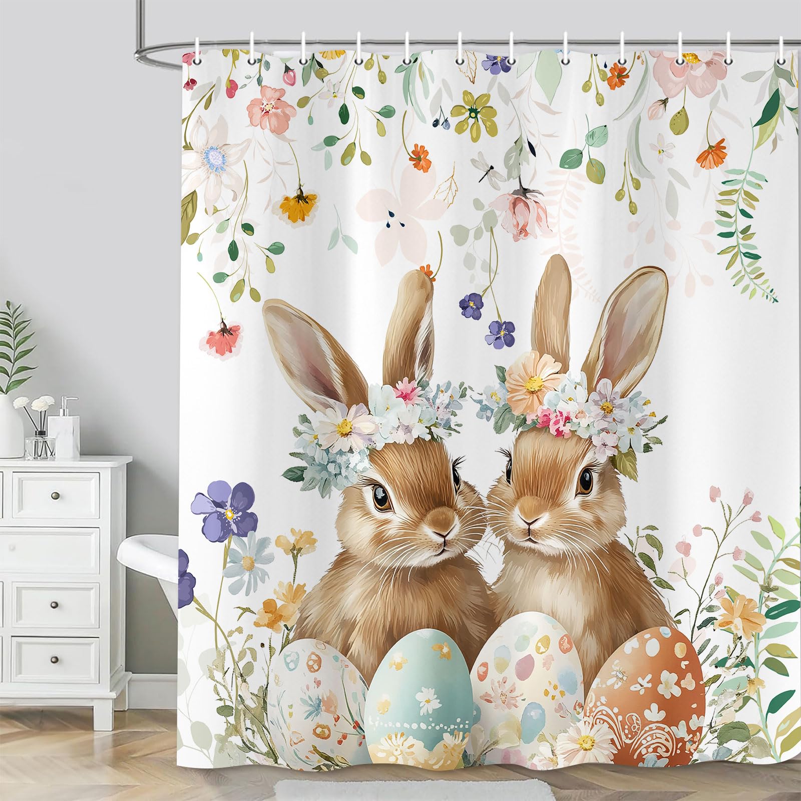 Etsyoki Spring Easter Bunny Shower Curtains for Bathroom, Leaves Wildflower Watercolor Floral Cute Rabbits Rustic Farmhouse Bathtubs Waterproof Fabric Curtain Set Decor with 12 Hooks 72x72 Inches