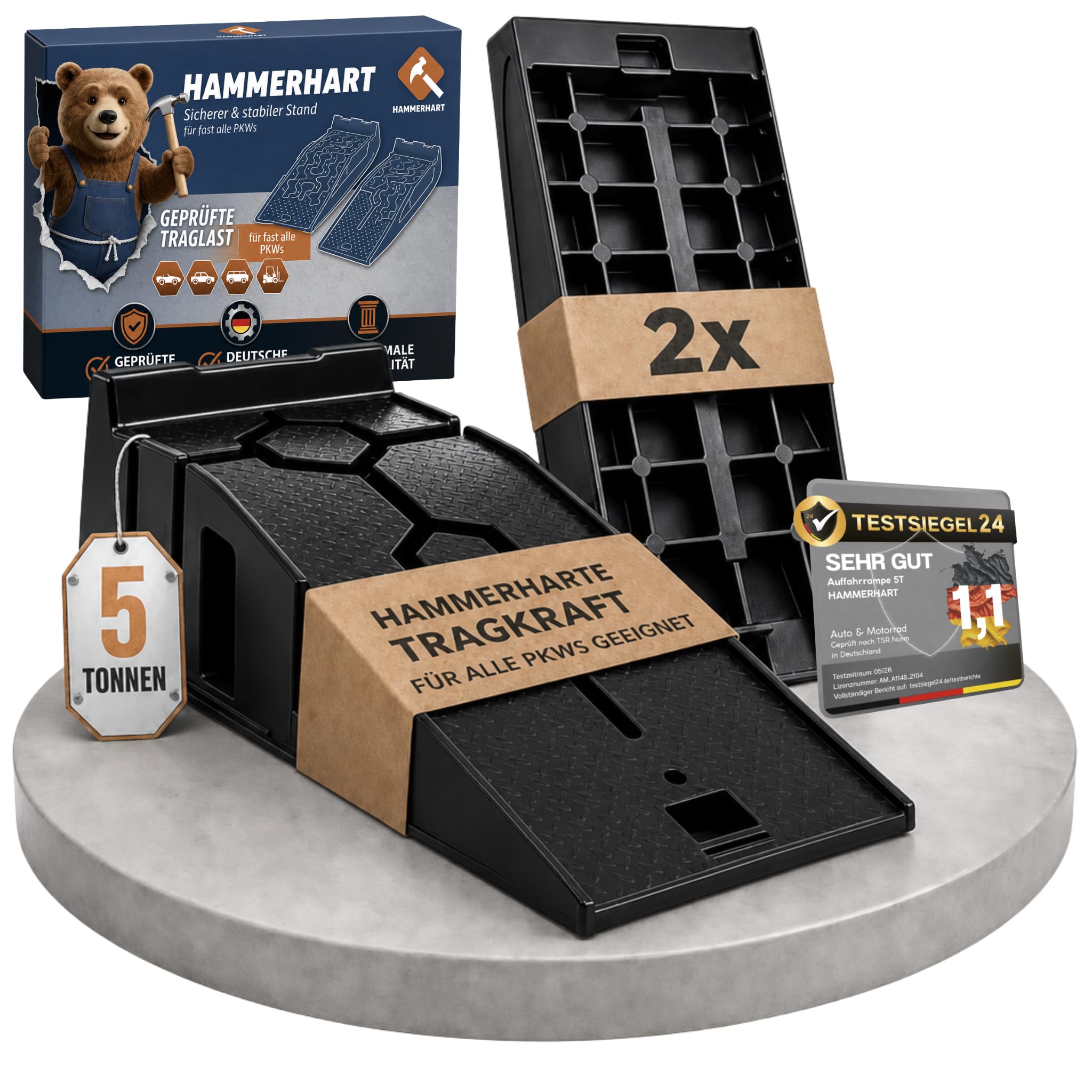 HAMMERHART - Auffahrrampe PKW [2er Set <5T ] | Hochbelastbare Auto Rampe TESTSIEGER | Auffahrkeile mit Anti Rutsch Struktur für jeden Untergrund | Auffahrrampen ideal für Wohnwagen, Anhänger & Pkw