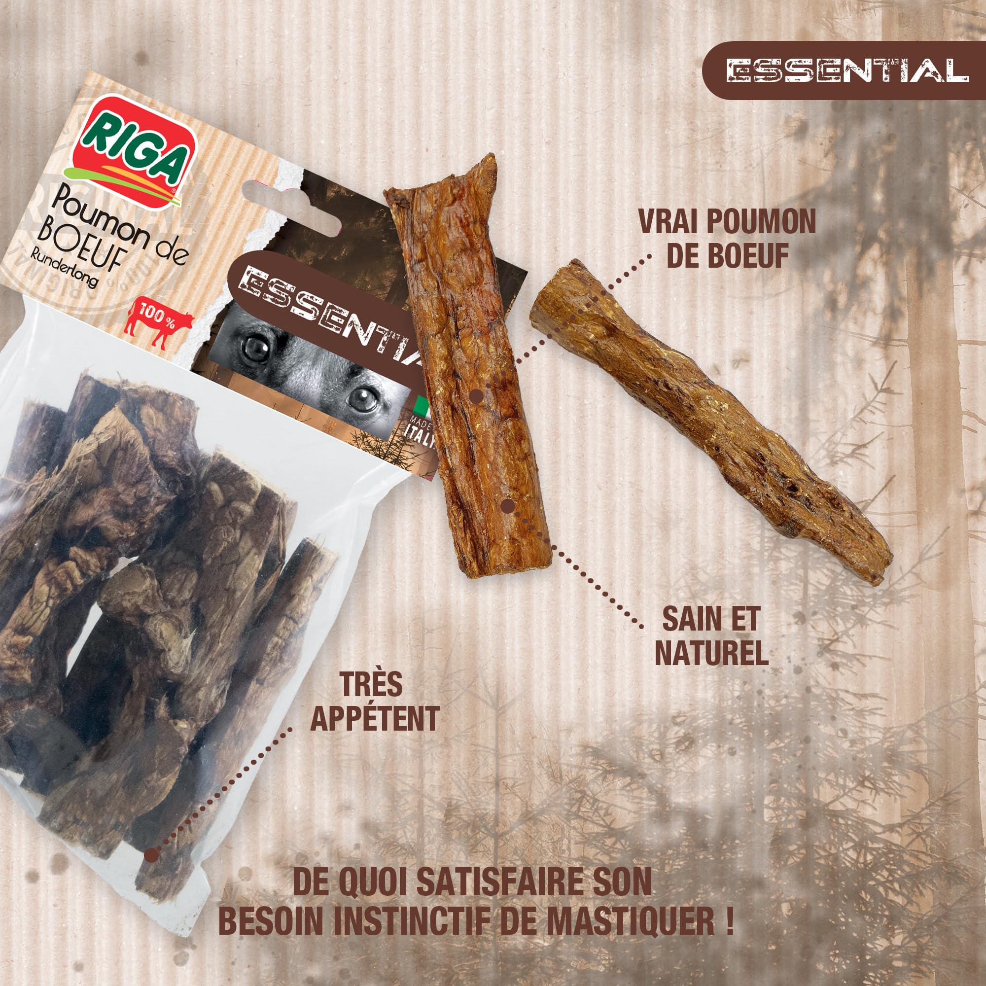 Riga - Essential Poumons De Bœuf Séchés - Friandises Chien - Riche en Protéines - 100% Naturel - Non Transformé - Longue Durée - Mastication Et Récompense - Gourmandise Naturelle Savoureuse - 100 g