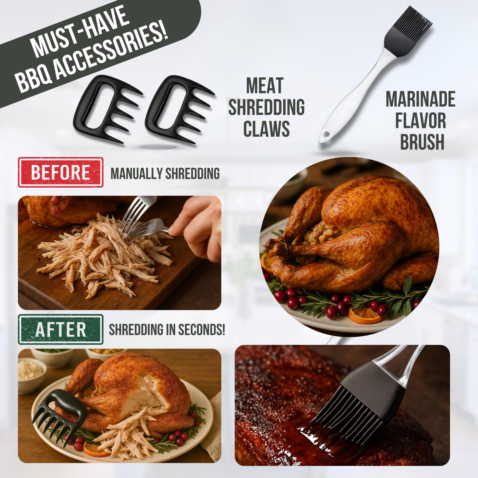 Professionelles Fleischspritzen-Set zum Räuchern und Grillen von Truthahn, Bruststück und Grill, großer Edelstahl, 57 ml Fassungsvermögen, kein Auslaufen oder Verstopfen, Fleischzerkleinerungskrallen