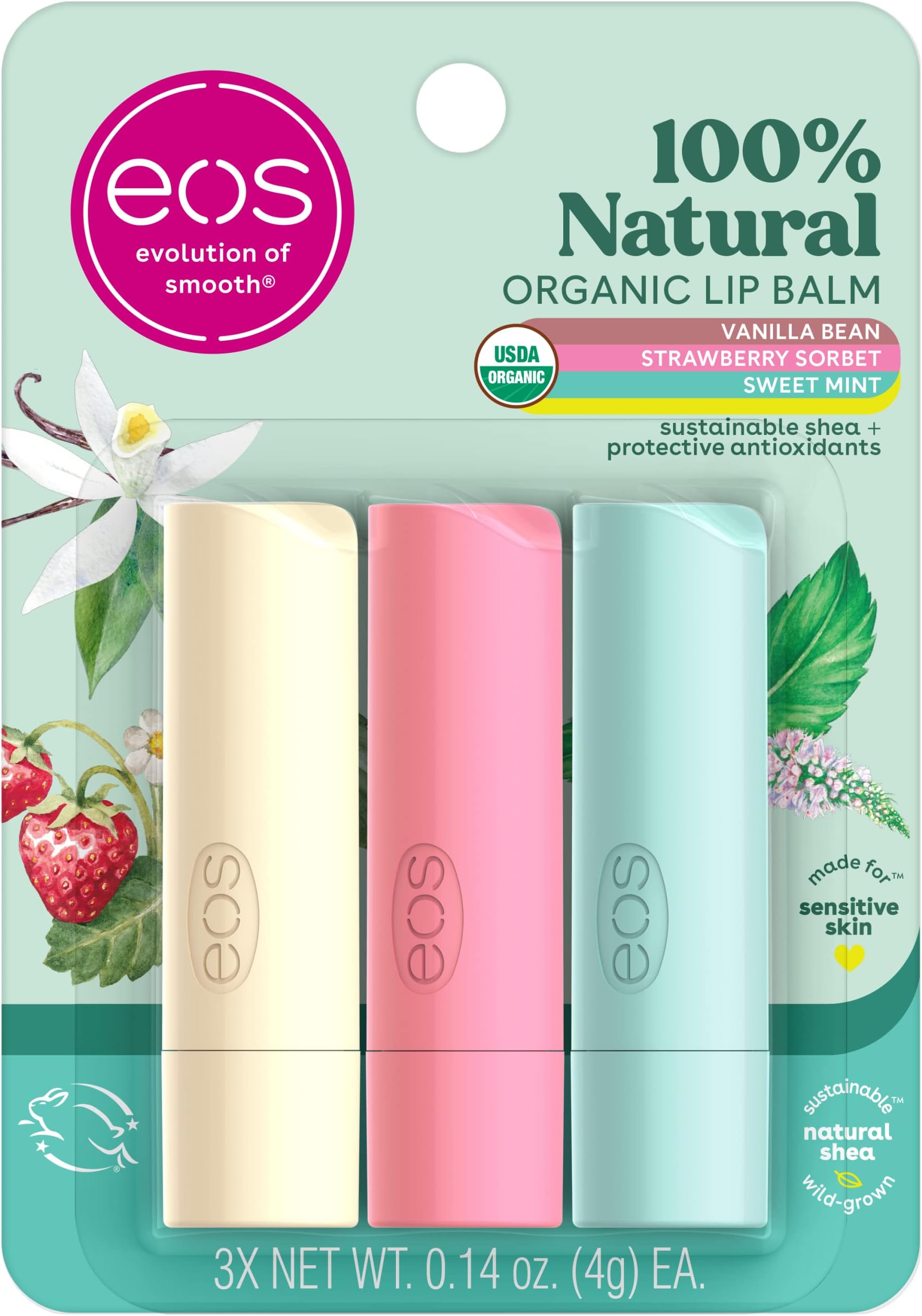 eos 100% Natural & Organic Lip Balm Trio- Vanilla Bean, Sweet Mint, & Strawberry Sorbet, Made for Sensitive Skin, Lip Care Products, 0.14 oz, 3-Pack