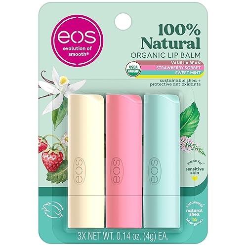 eos Trío de bálsamo labial 100% natural y orgánico, grano de vainilla, menta dulce y sorbete de fresa, hecho para pieles sensibles, productos para