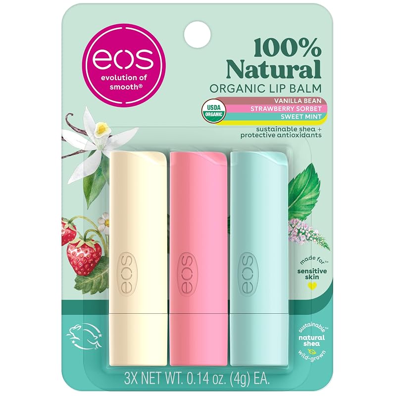 Bálsamos labiais eos com morango, menta e baunilha, Pacote com 3