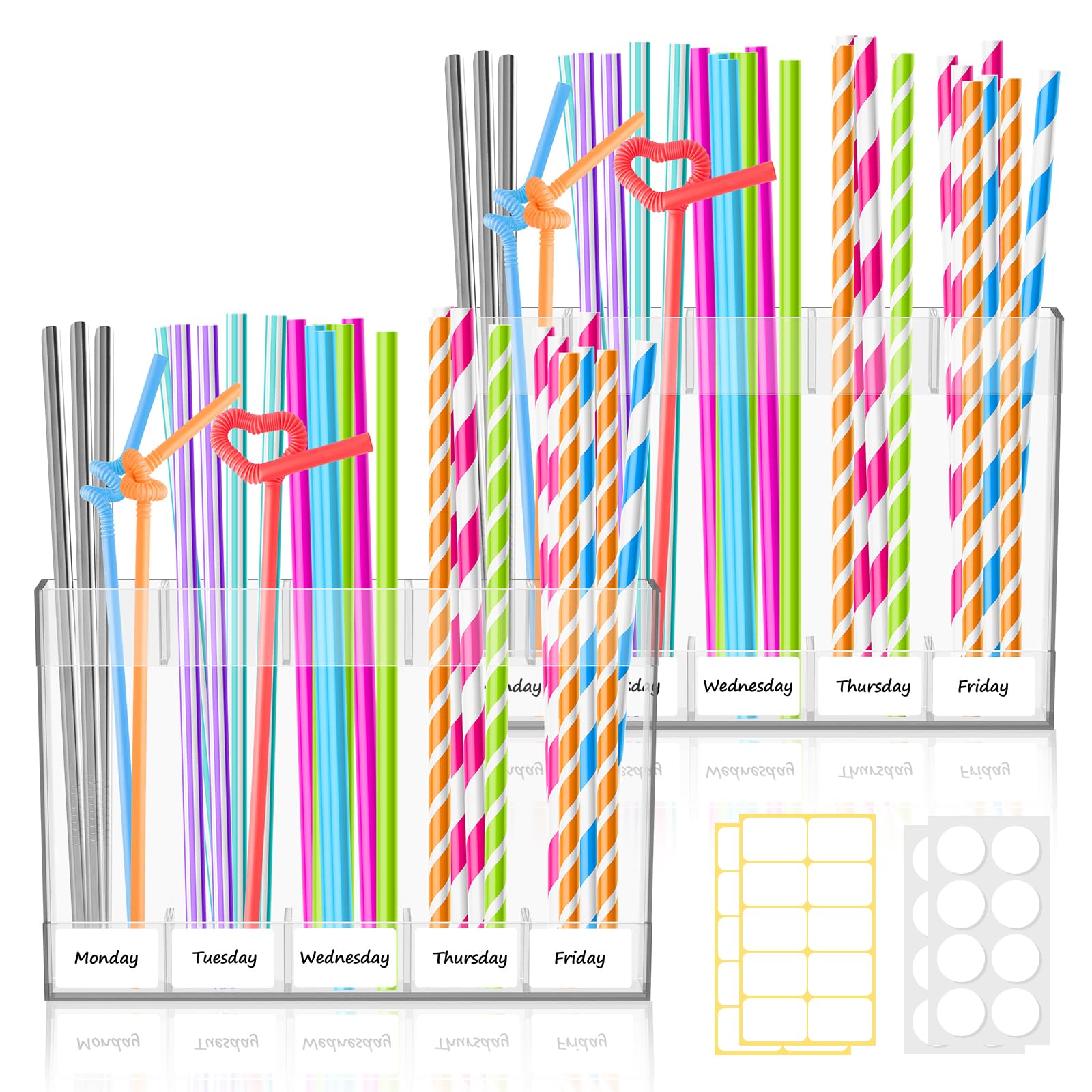 Lulobtg 2 Pack Acrylic Straw Dispenser, Transparent Reusable Straw Organiser Holder With Double Sided Adhesive Sticker And Label, Wall Mounted Straws Storage Container For Cabinet Counter Bar Pub Kitchen(2 Pack)