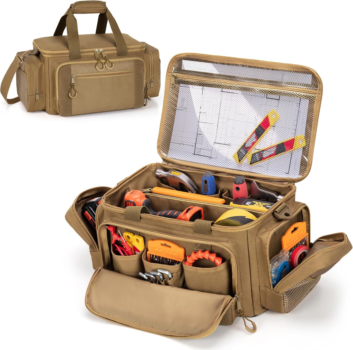 Tactical Tool Bag with Anti-friction Bottom, Hand Tool Tote Storage Organizer for Men, Small Range Bag for Electricians, Carpenters, Mechanics and Repairman, Khaki
