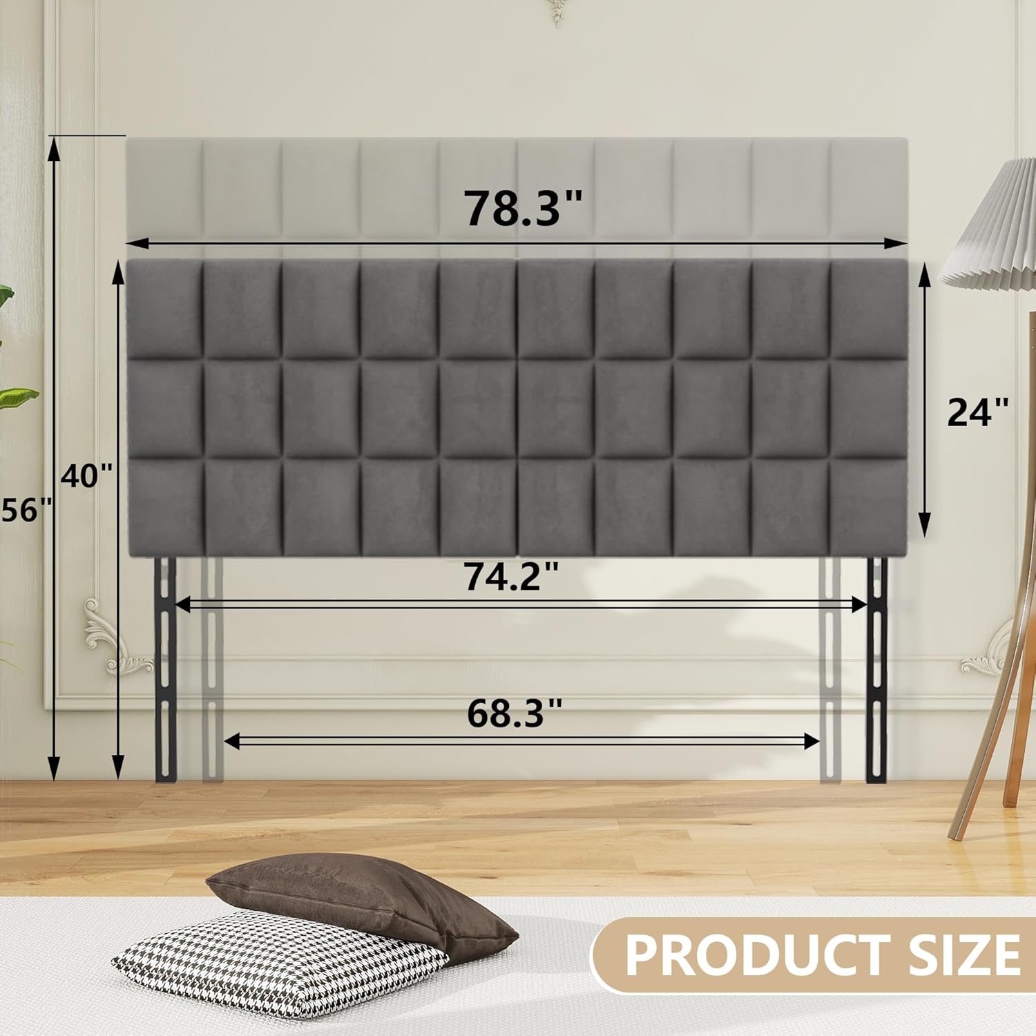 ALISH Velvet Tufted Headboard with Adjustable Height and Width, Foldable Upholstered Headboard with Metal Legs for King Size (Gray Velvet, King)