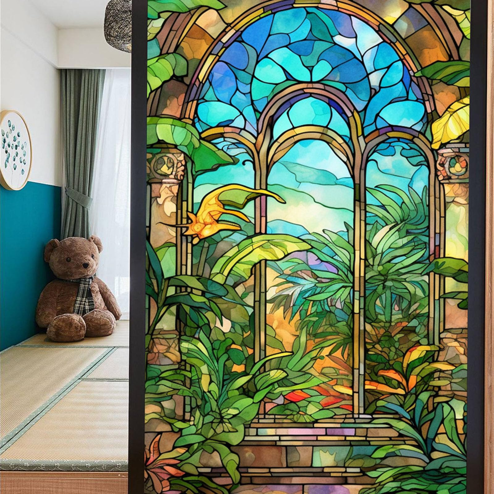 WAZUBC 2 Pcs Stained Glass Window Film, 45 * 100cm Static Cling PVC Matte Window Film Privacy Film for Window Glass Living Room Home Party Decoration (Style K)