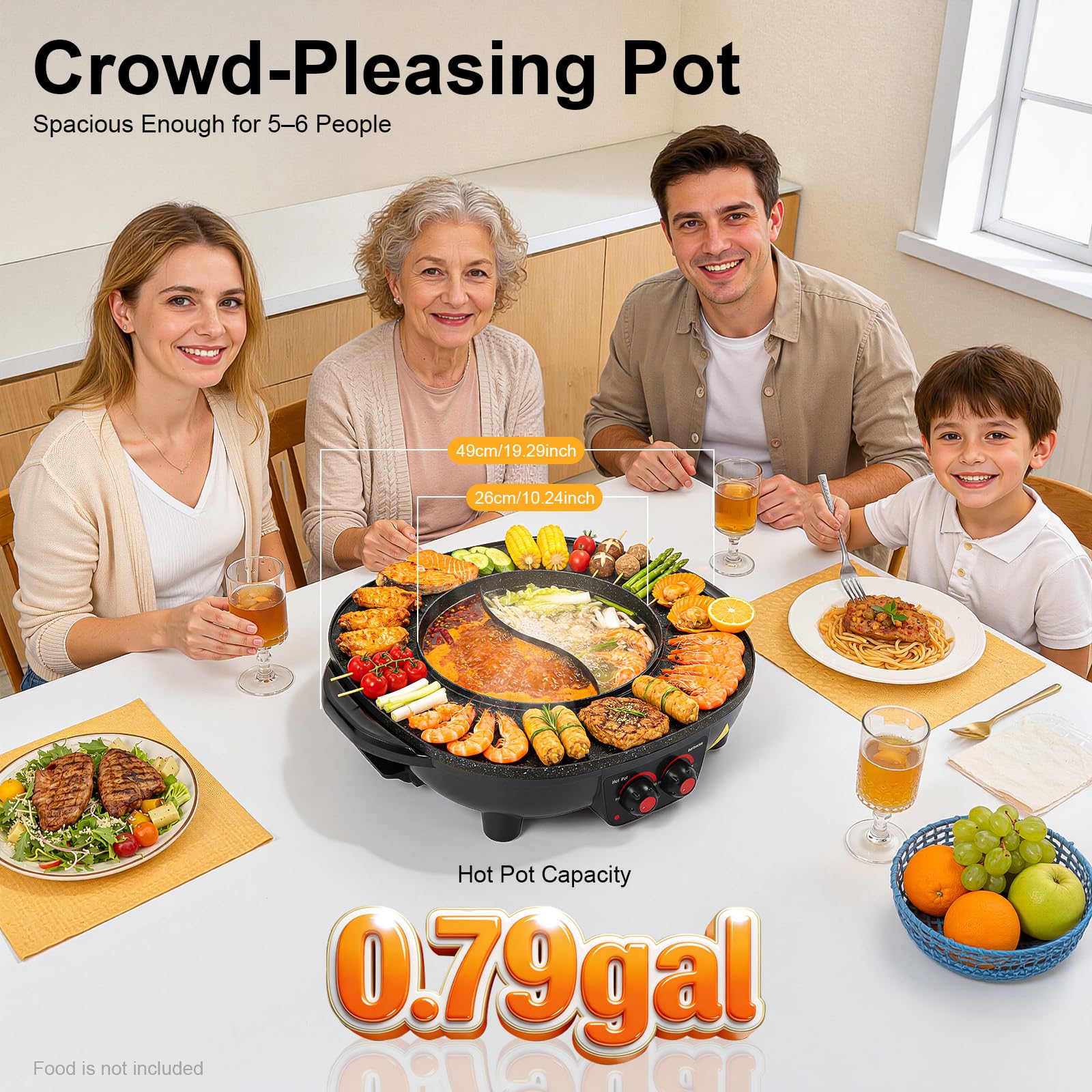 Electric Hot Pot e grill, 2000 W, padella elettrica multifunzione, capacità 3 l, con coperchio, manico del coperchio, per interni, coreano, barbecue, fonduta e raclette XXL, per 5-6 persone