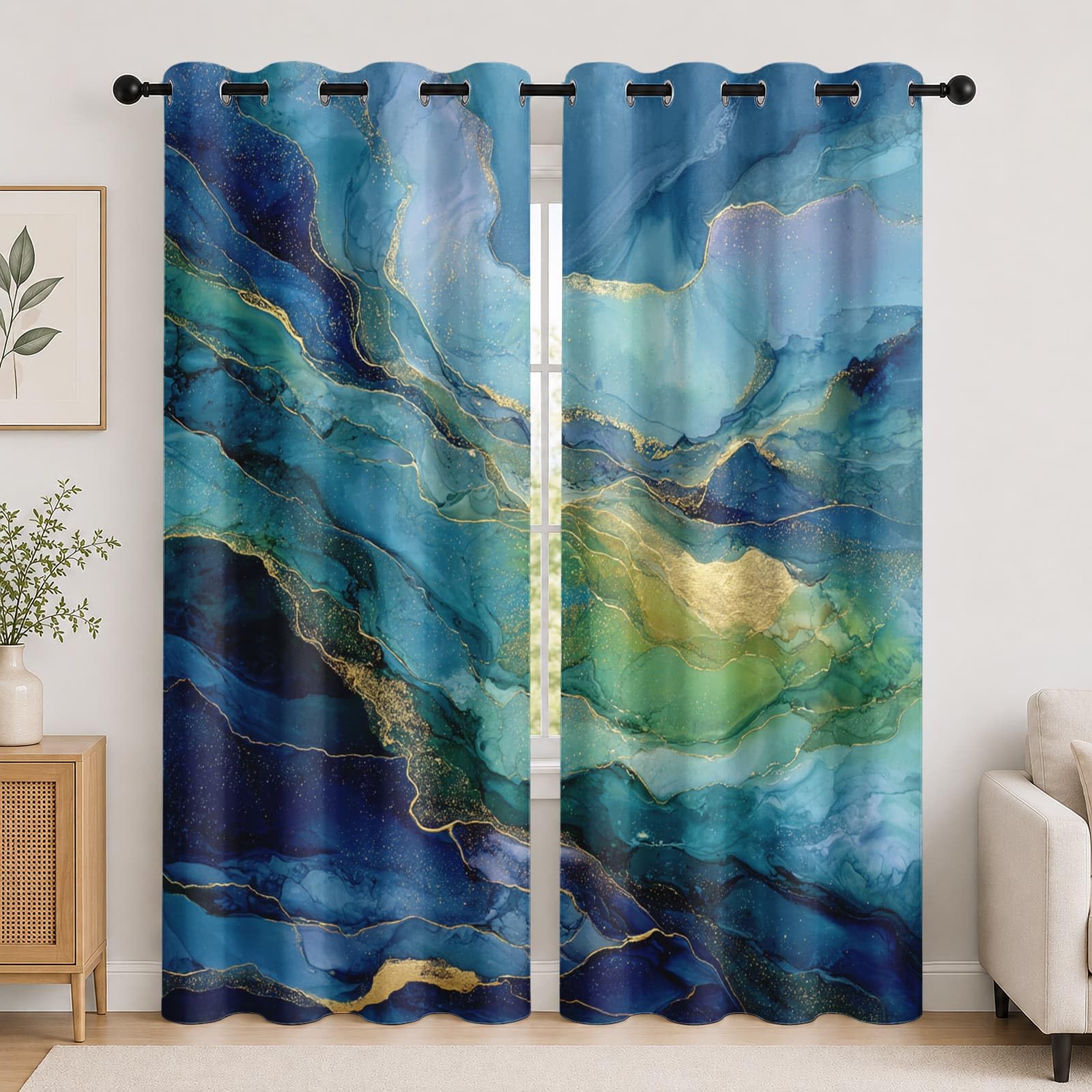 Genérico Aislantes Cortinas Opacas para NiñOs 140An x 260Al cm (2 Paneles), Moderno Lujoso Fluido MáRmol PoliéSter Cortinas Privacidad Azul Cortina con Ojales para Sala de Estar y Dormitorios