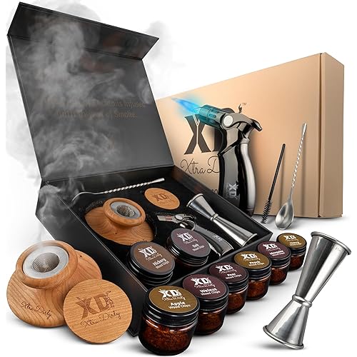 Cocktail Smoker Kit - 4 Flame Jet Torch - Old Fashioned Cocktail Kit - Whiskey Gift for Men for Him - Whiskey Smoker Kit - Bourbon Smoker (8 Wood Chip Jars)