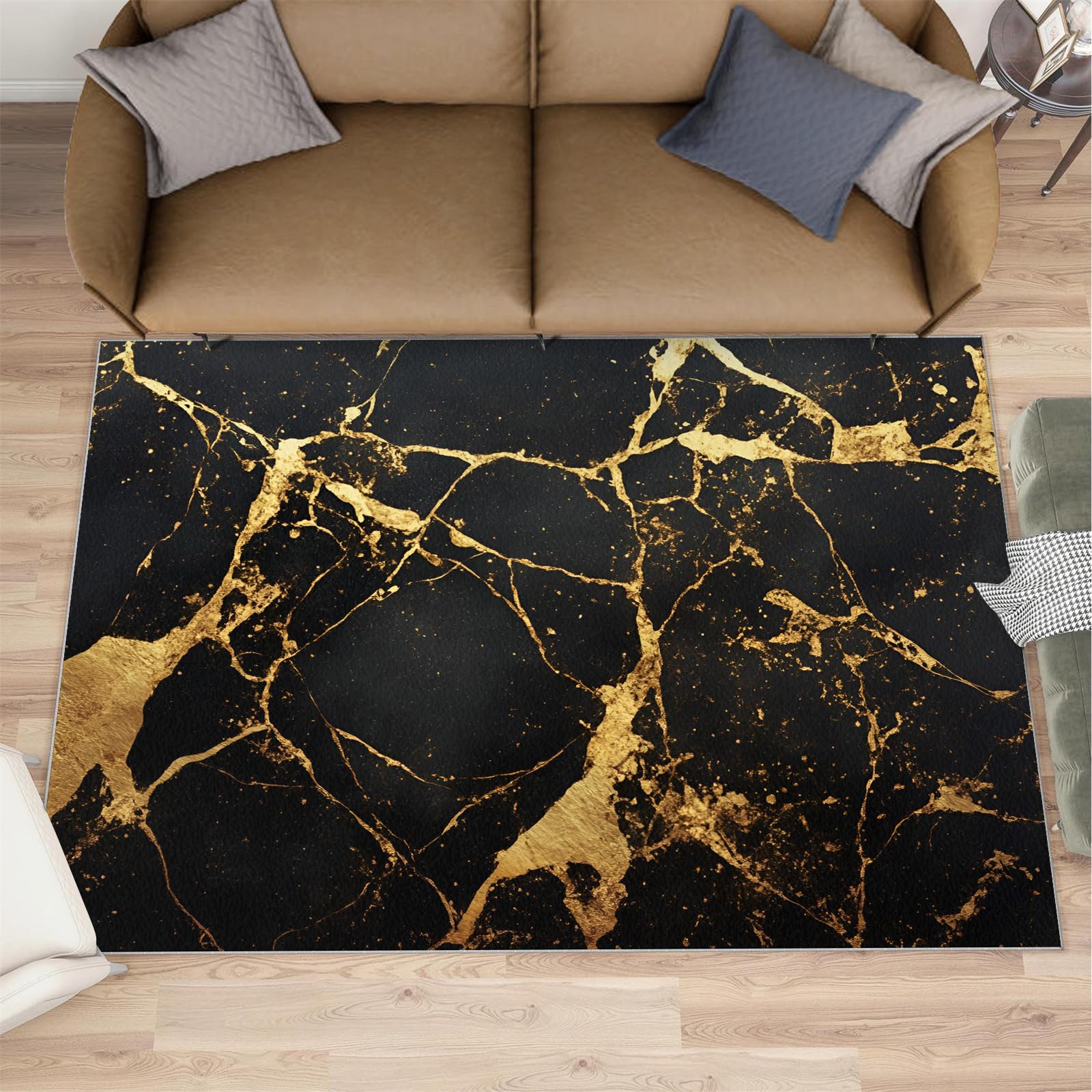 FBRUIEG Black Gold Marble Rugs for Bedroom, Light Luxury Marble Living Room Rug, Home Decor Area Rug for Front Entrance Floor Floor Mat 180x240cm