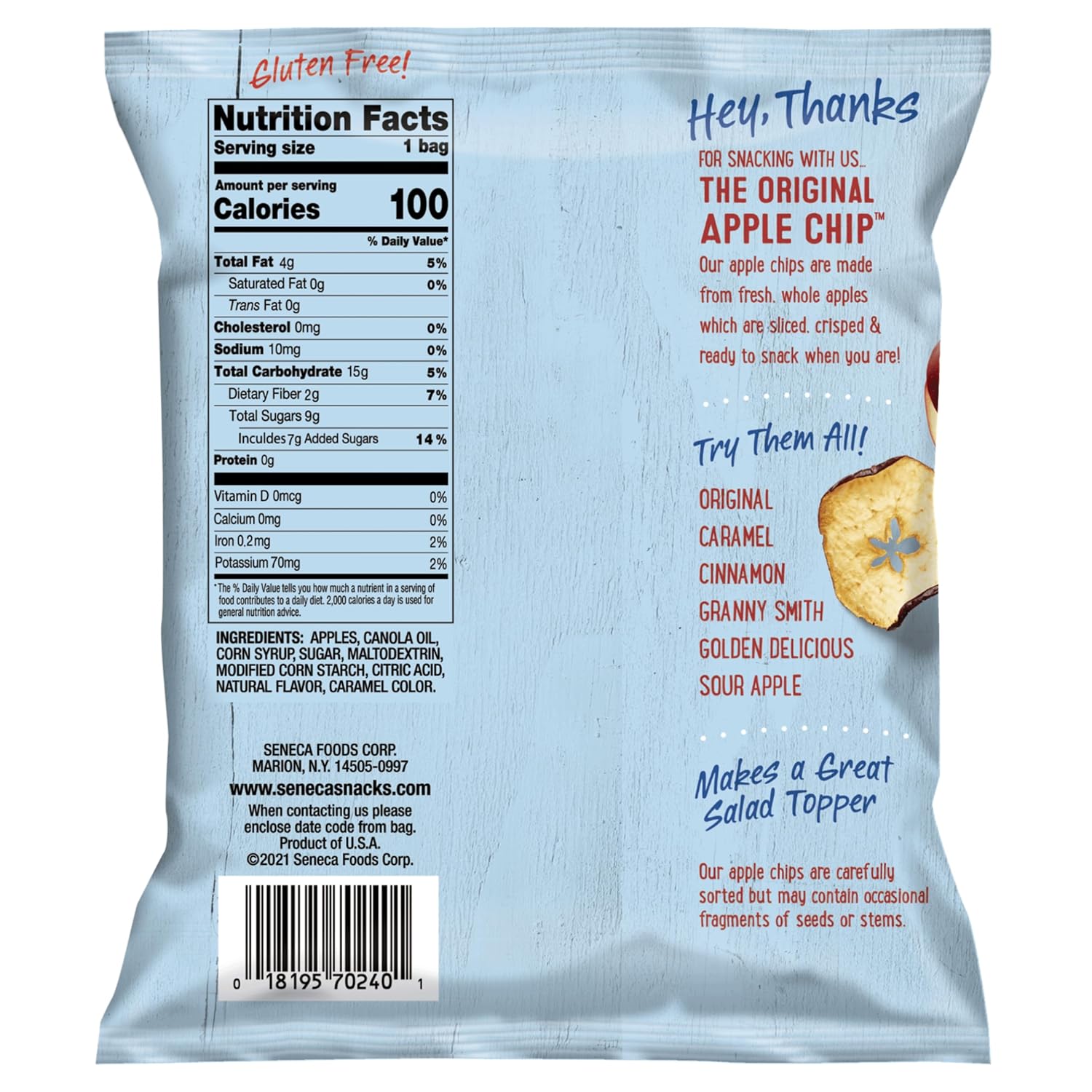Seneca Caramel Apple Chips | Made from Fresh Apples | 100% Red Delicious Apples | Yakima Valley Orchards | Crisped Apple Perfection | Foil-Lined Freshness Bag | 0.7 ounce (Pack of 24)
