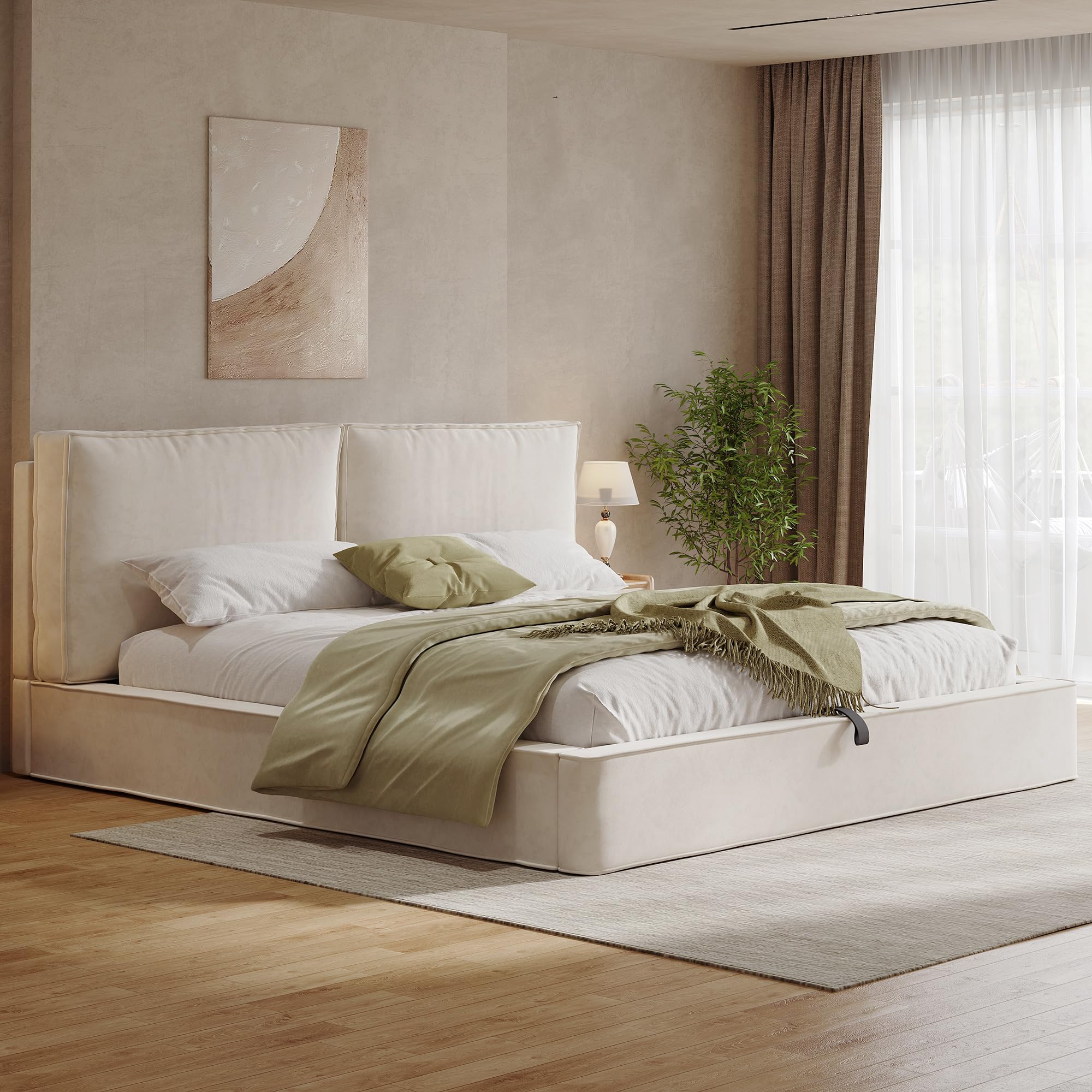 Letto a piattaforma imbottito 180 x 200 cm, con Contenitore letto regolabile idraulicamente, letto con rete a doghe, testiera imbottita,letto matrimoniale ciniglia beige(Senza Materasso)
