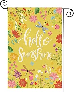 Baccessor Spring Summer Garden Flag 12.5 x 18 Inch, Hello Sunshine Floral Double Sided Burlap Welcome Yellow Small Yard Flag Seasonal Holiday Lawn Proch Outdoor Outside Decor