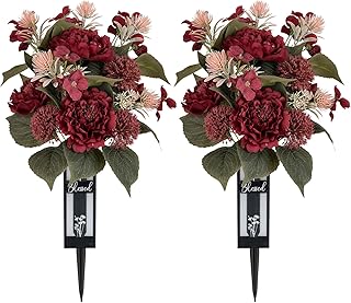 Red Cemetery Flowers for Grave: 2 Pcs Peony Grave Flower Bouquets for Cemetery Decorations