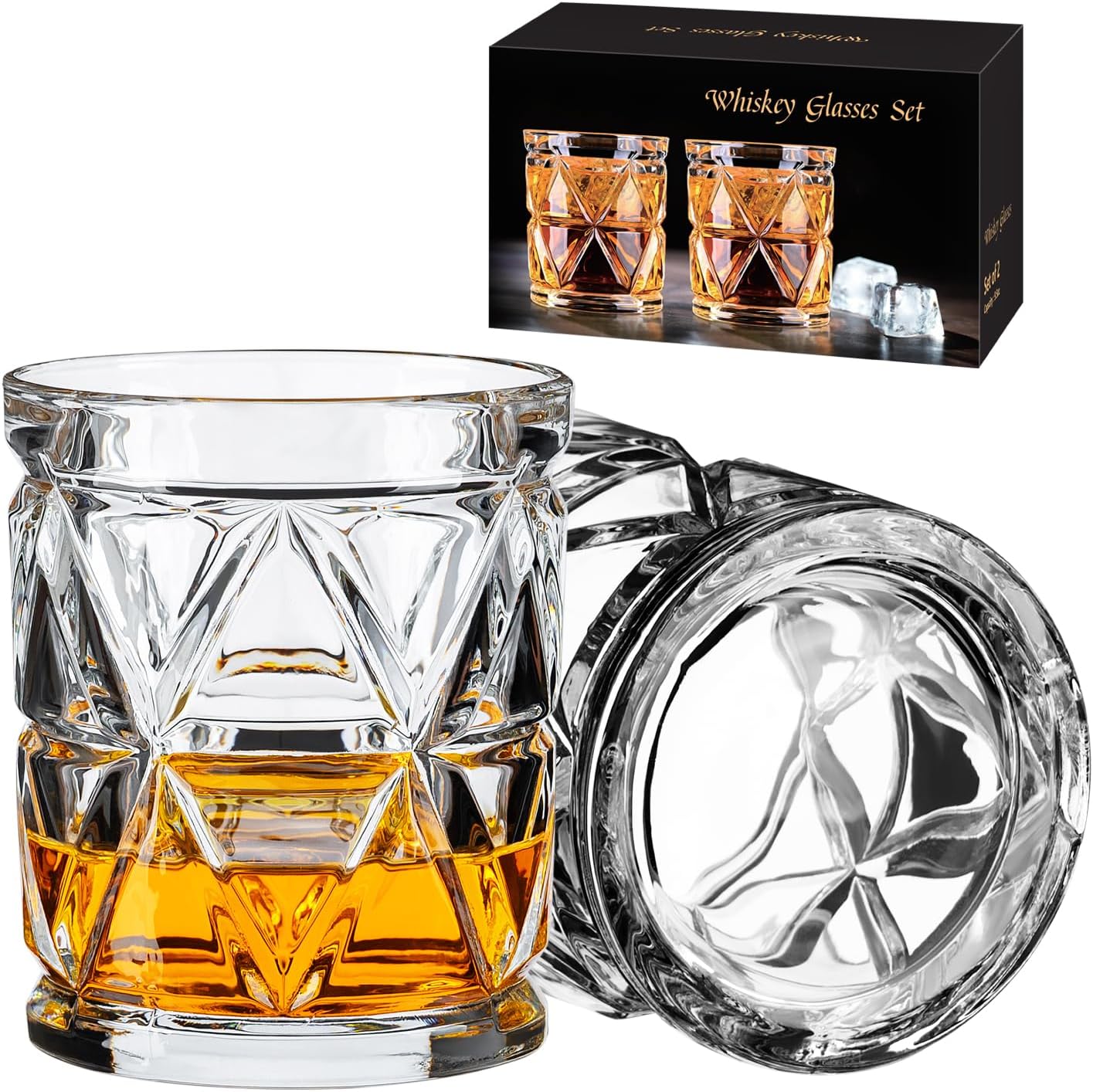 Ocean Ice Whiskey Glasses Set of 2 - 9.5oz Old Fashioned Rocks Glasses for Bourbon, Scotch, Cocktails - Dishwasher Safe, Lead-Free Crystal