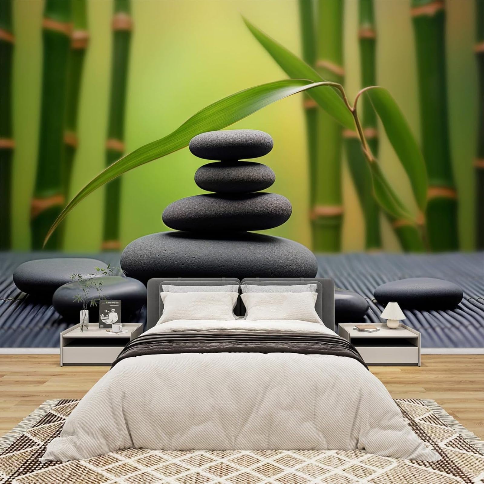 Carta da parati fotografica Zen per camera da letto, motivo 3D pietre giapponesi spa in tessuto non tessuto verde per soggiorno, decorazione murale spirituale per meditazione, carta da parati per came