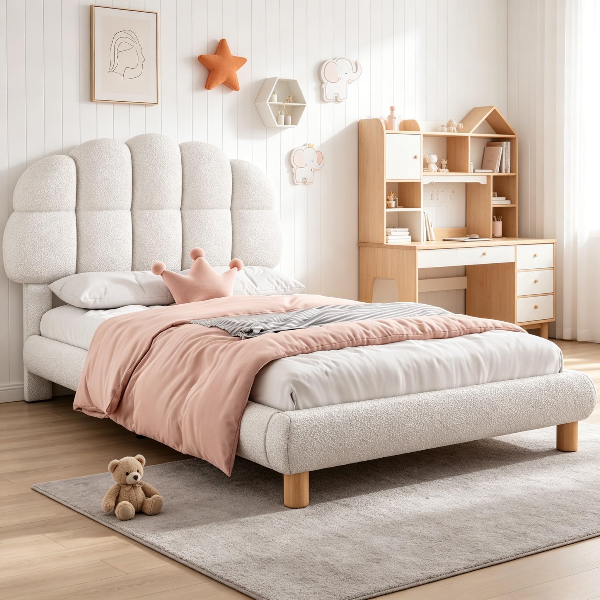 Mädchen Kinderbett 90x200cm mit Verstellbares Kopfteil, Einzelbett Polsterbett Bettgestell mit Lattenrost aus Holz, Einfache Montage, Kreisvlies, Ohne Matratze